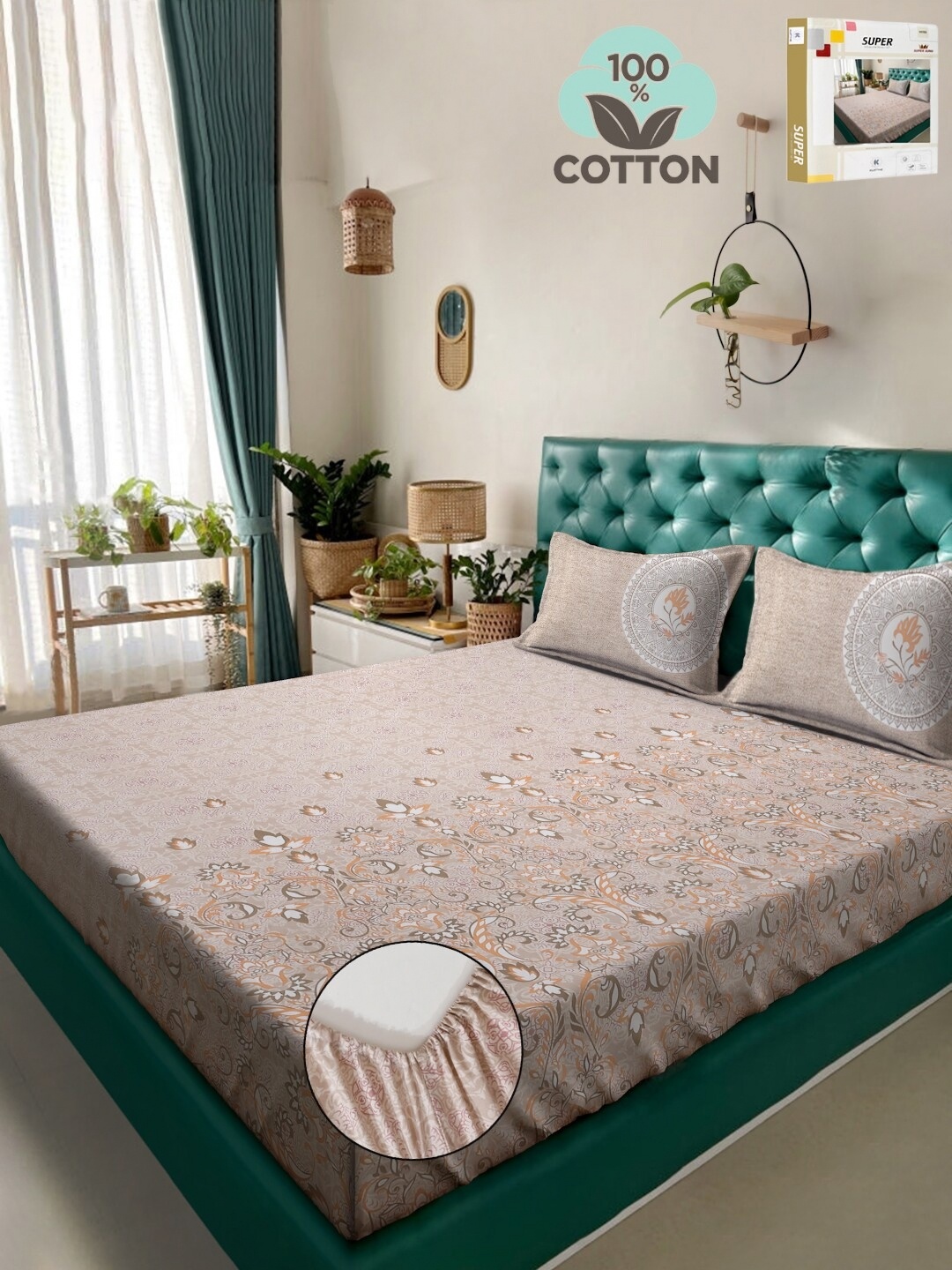 

KLOTTHE Beige Printed 400 TC Pure Cotton Super King Fitted Bedsheet & 2 Pillow Covers