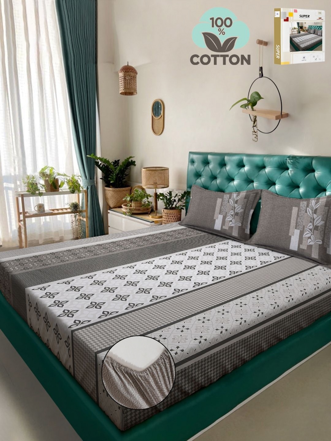 

KLOTTHE Grey Printed 400 TC Pure Cotton Super King Fitted Bedsheet & 2 Pillow Covers