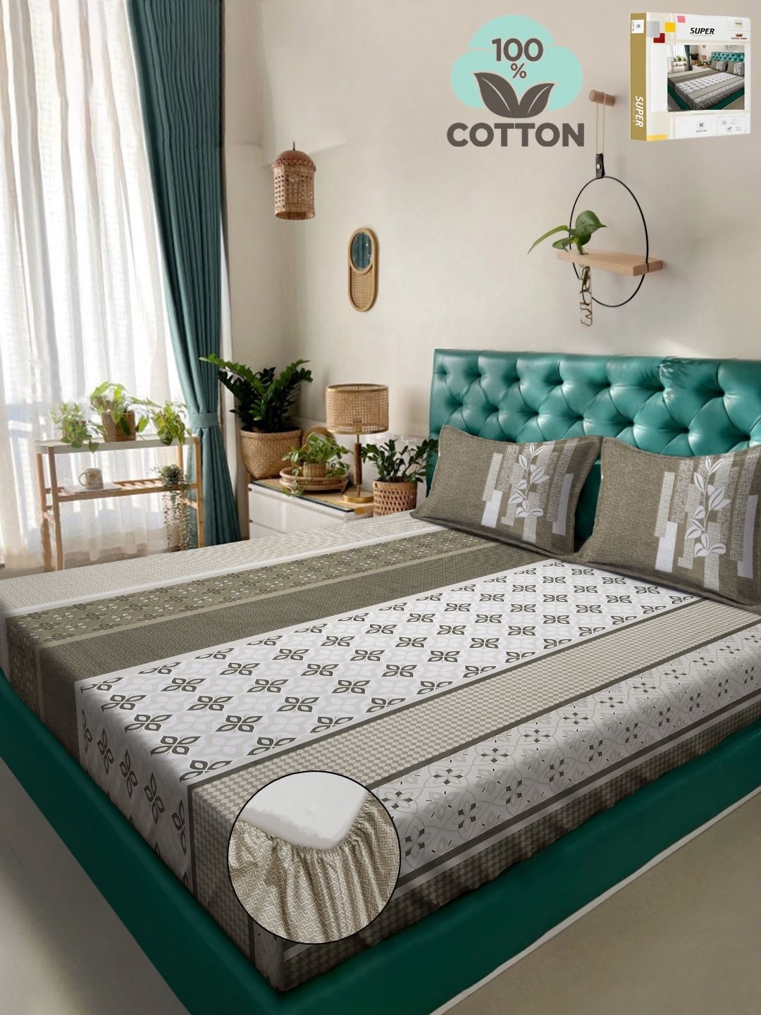 

KLOTTHE Olive Green Printed 400TC Pure Cotton Super King Fitted Bedsheet & 2 Pillow Covers