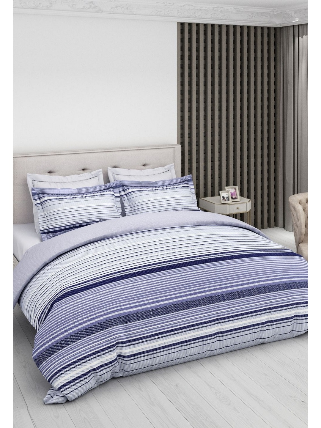

LABHAM Navy Blue & White Striped 200 TC King Bedsheet with 2 Pillow Covers