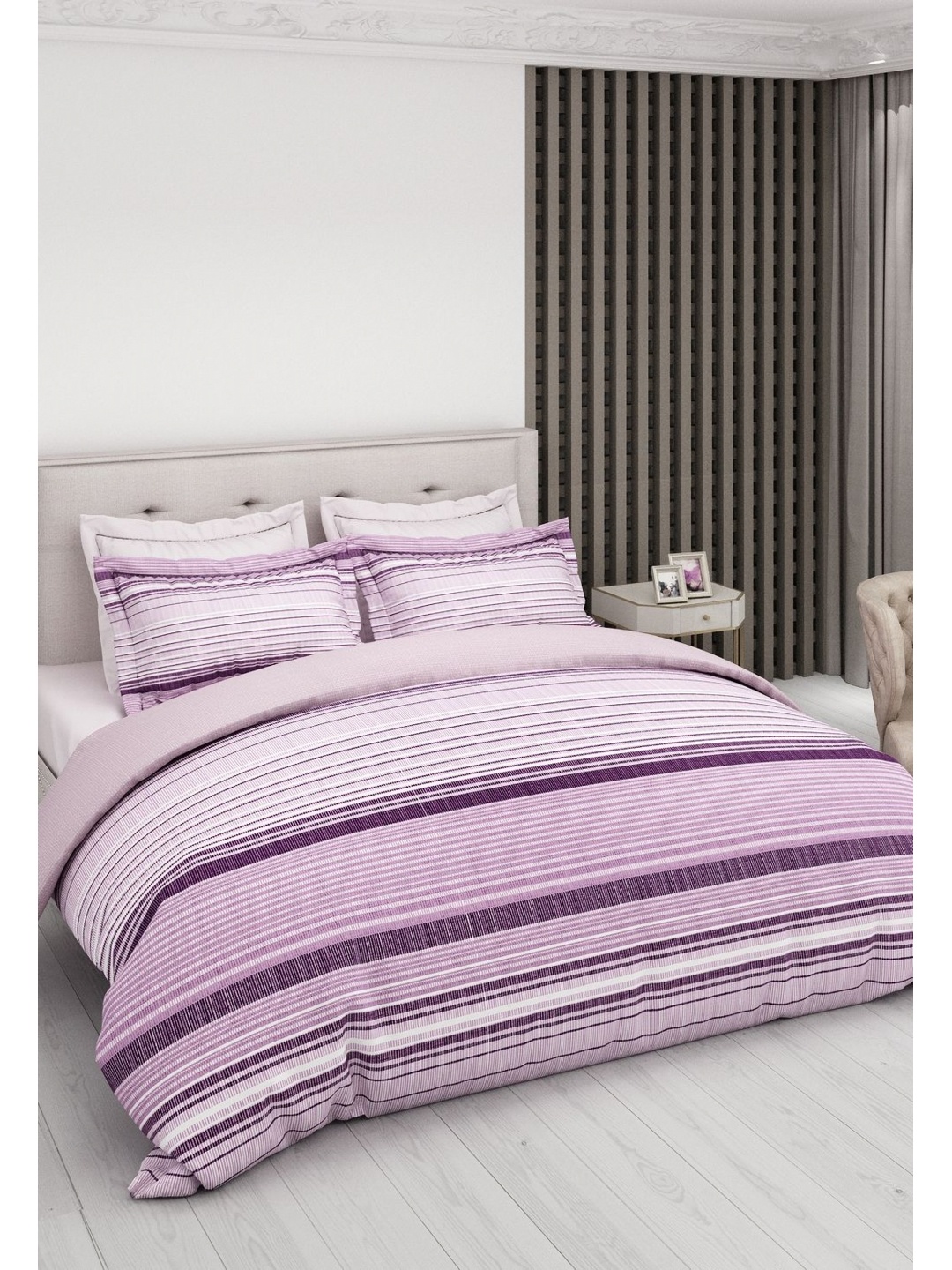 

LABHAM Purple & White Striped 200 TC King Bedsheet with 2 Pillow Covers