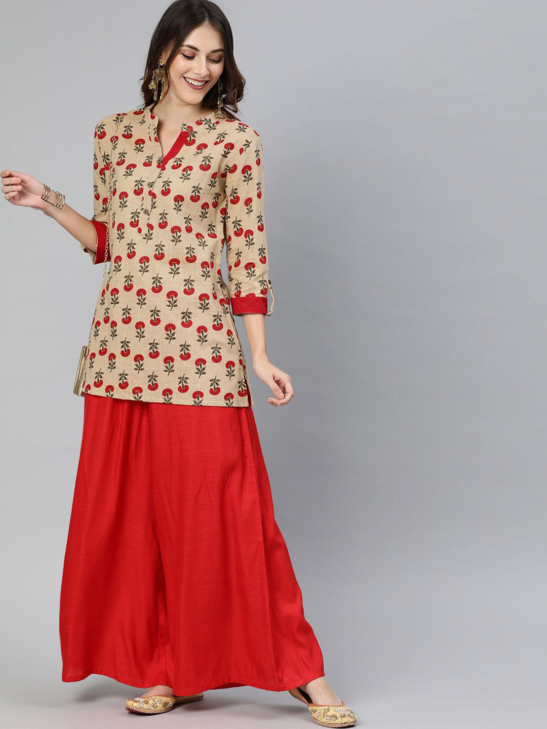 

Swishchick Floral Printed Round Notch Collar Tunic, Beige