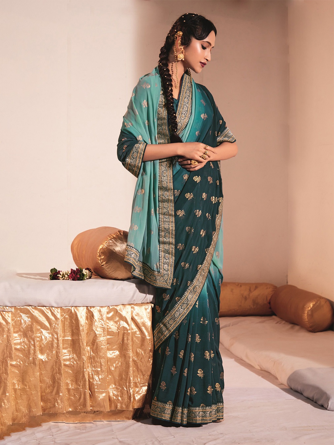 

Mitera Floral Woven Design Saree, Teal