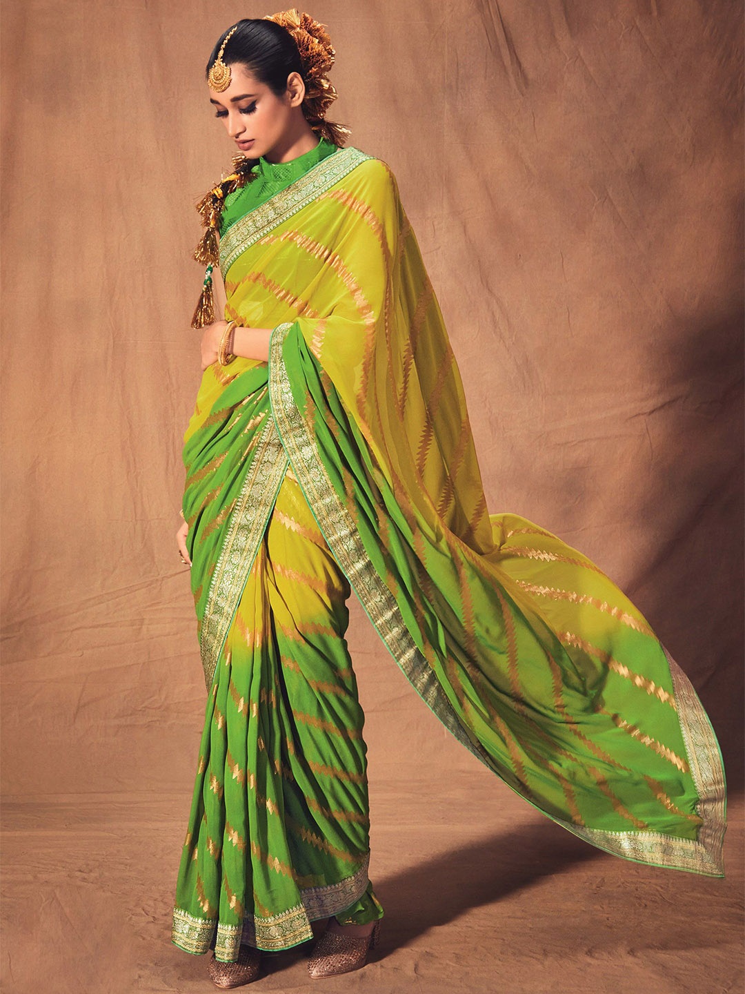 

Mitera Zari Striped Woven Design Saree, Green