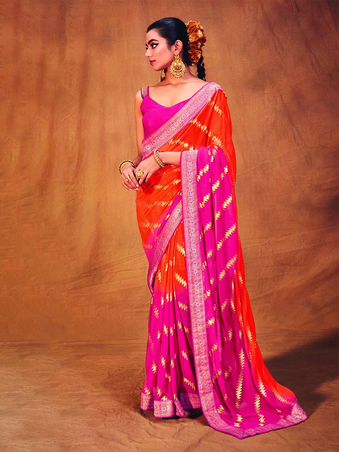 

Mitera Zari Striped Woven Design Saree, Pink