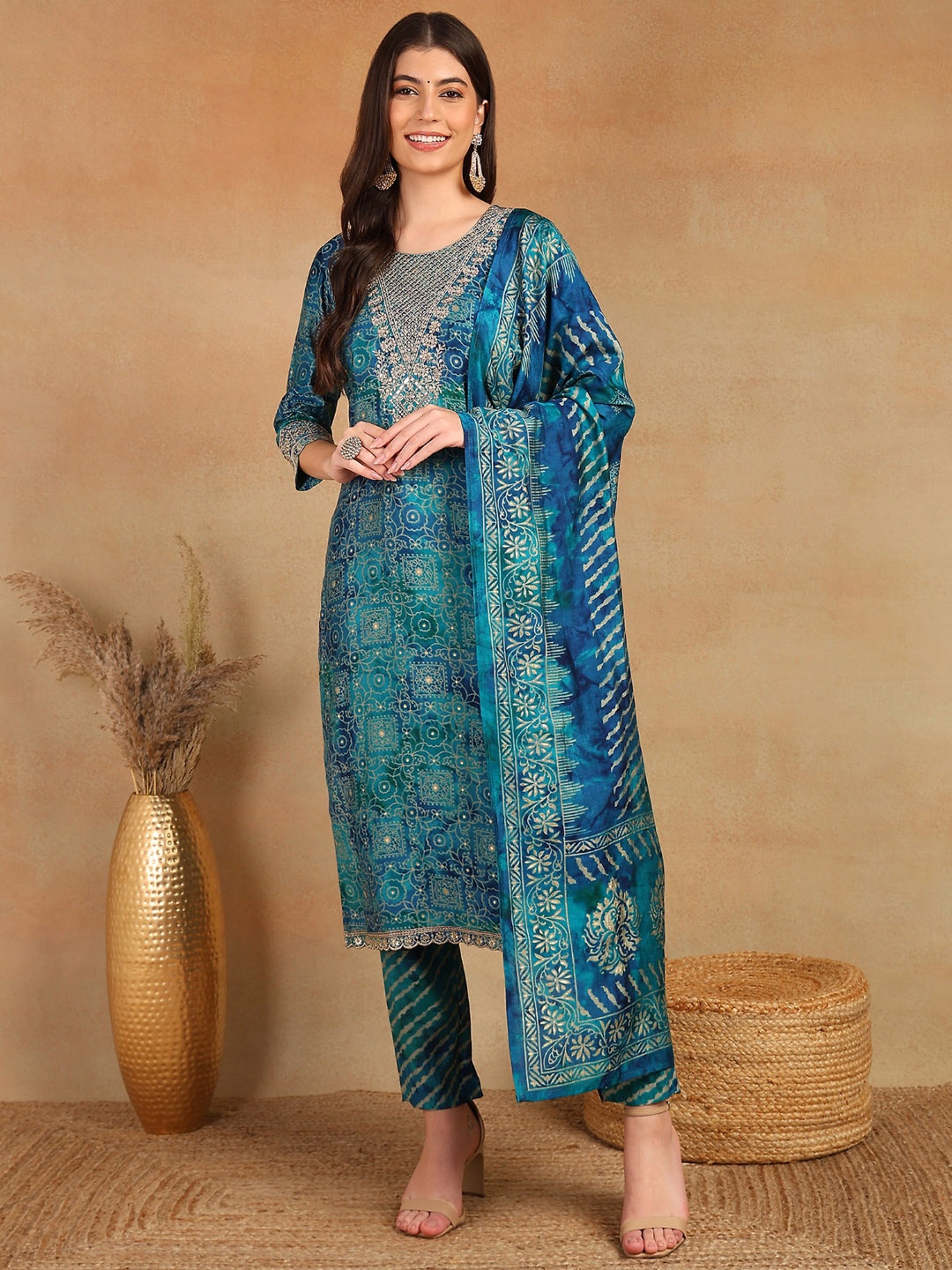 

KALINI Women Ethnic Motifs Printed Regular Kurta with Trousers & With Dupatta, Teal