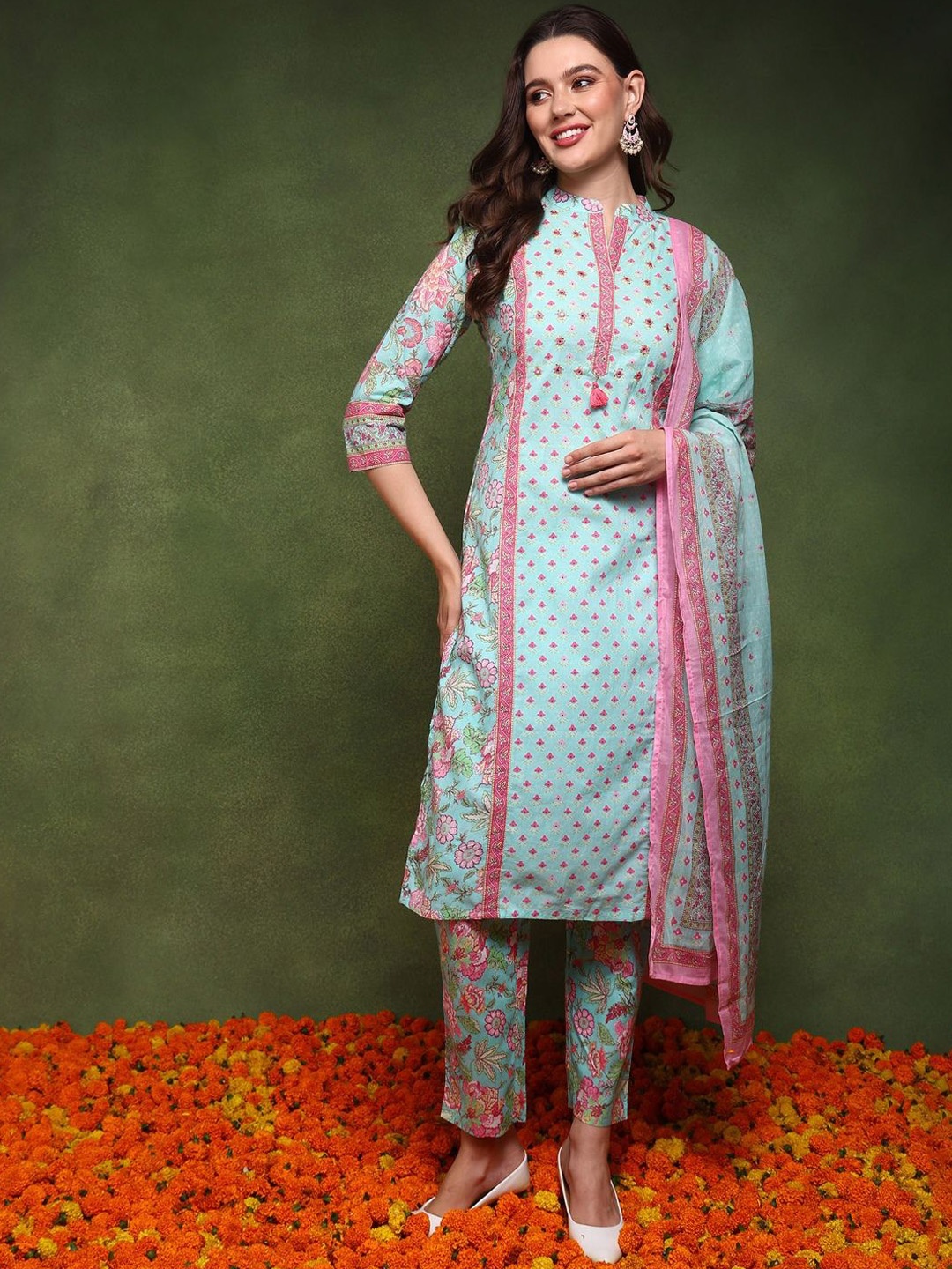 

KALINI Women Floral Printed Regular Mirror Work Pure Cotton Kurta with Trousers & With Dupatta, Turquoise blue