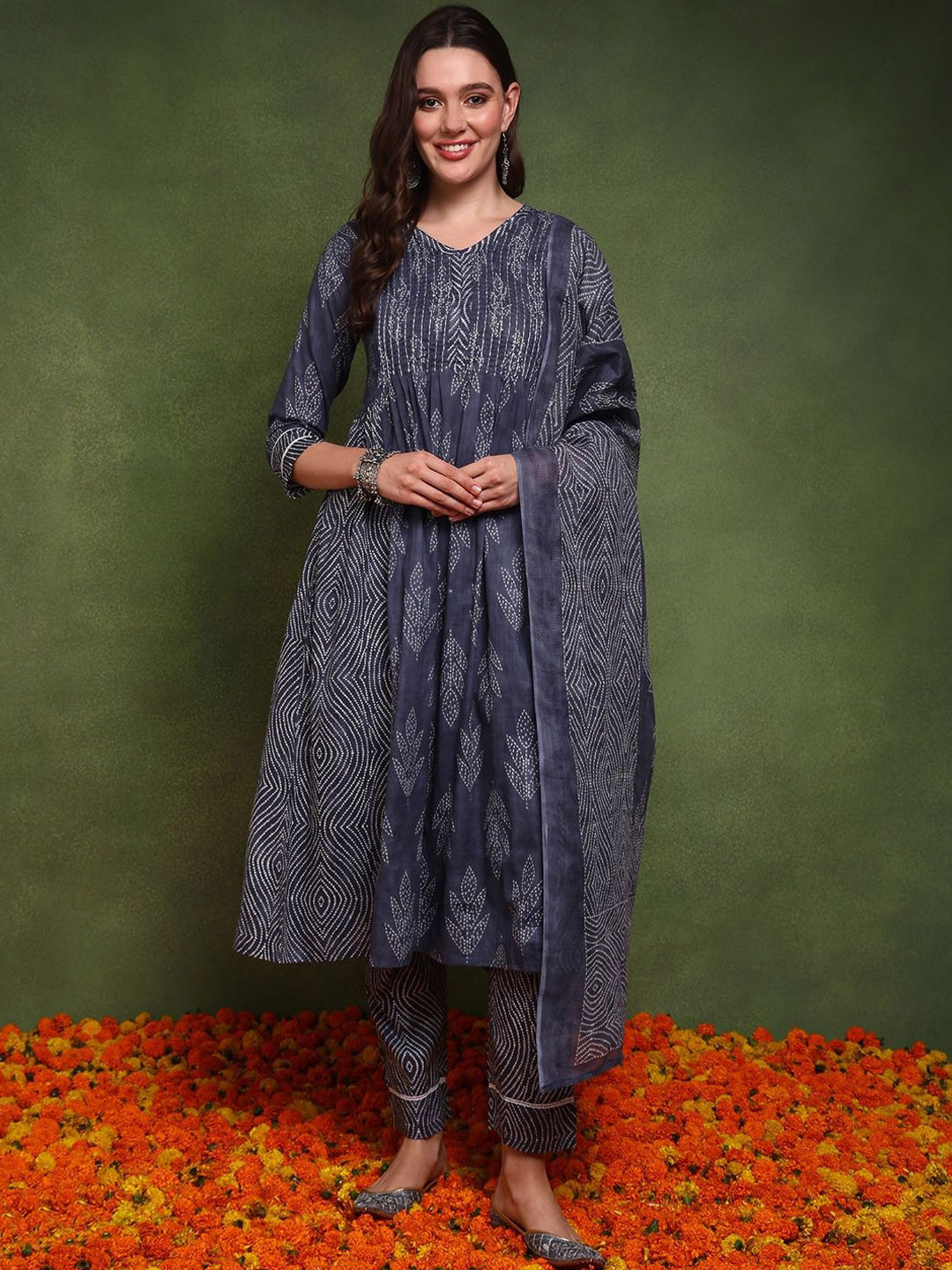 

KALINI Women Bandhani Printed Empire Pure Cotton Kurta with Trousers & With Dupatta, Navy blue