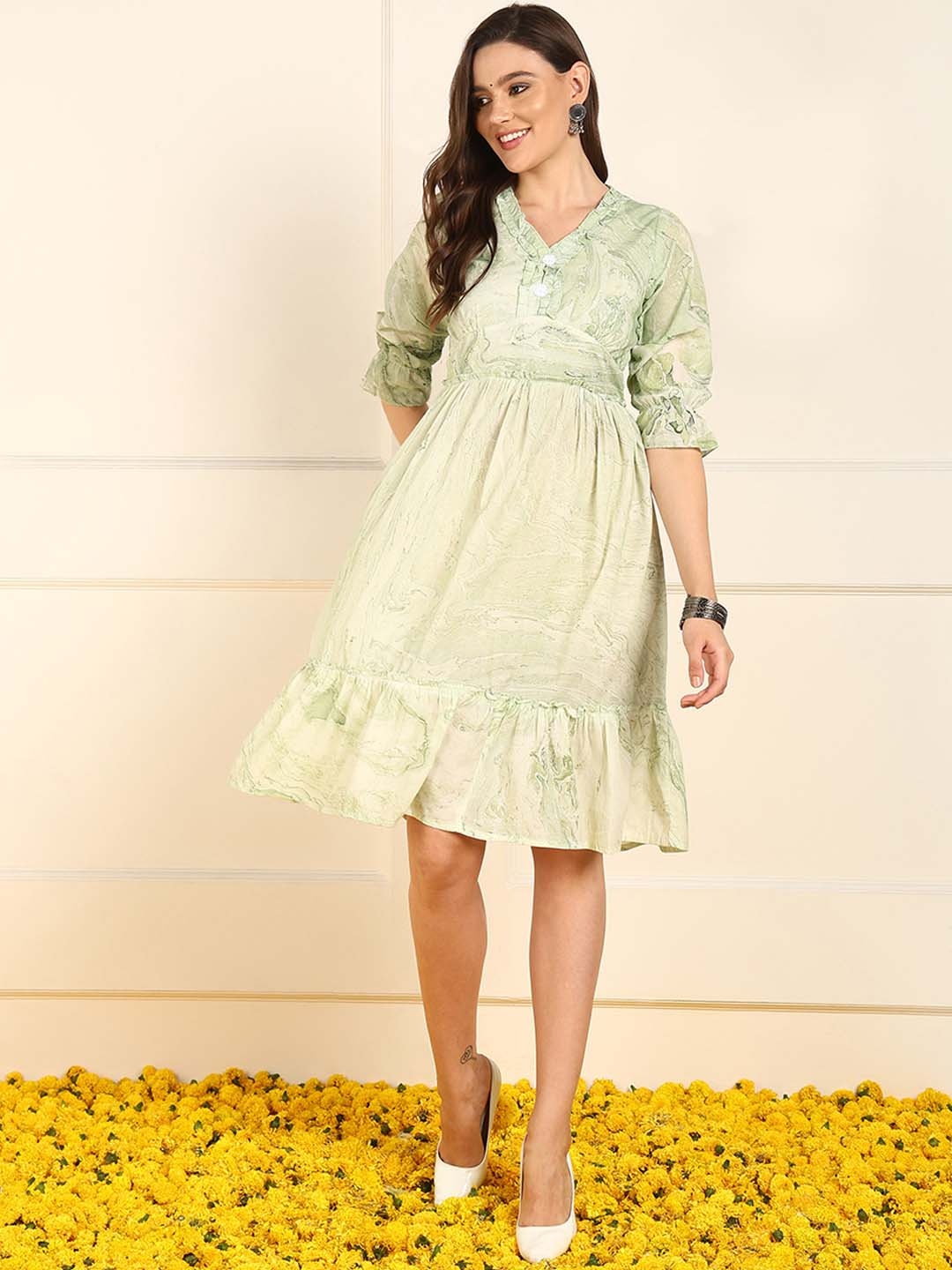 

KALINI Abstract Printed Puff Sleeves Gathered or Pleated Cotton Empire Dress, Green