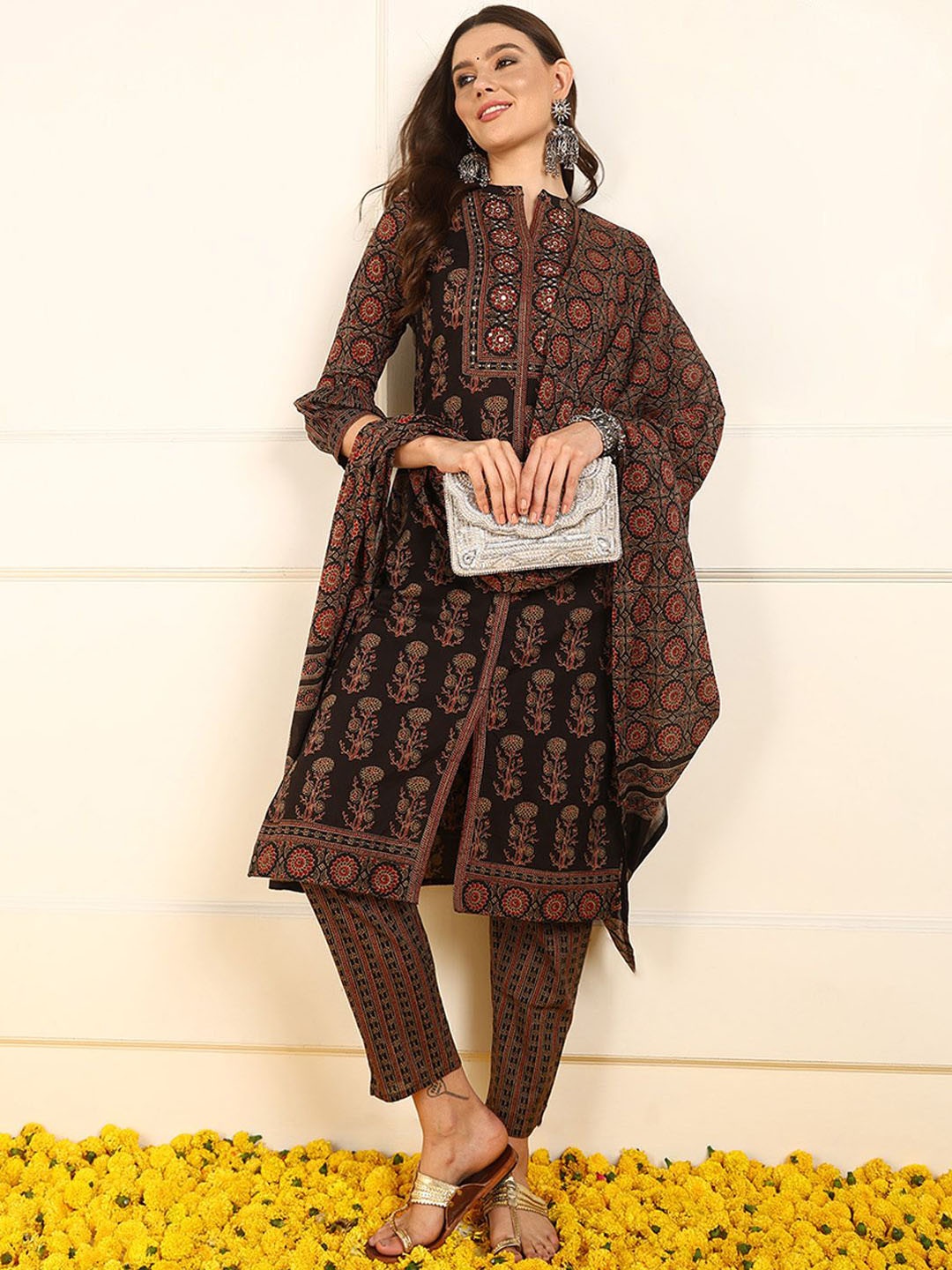 

KALINI Women Ethnic Motifs Embroidered Regular Sequinned Pure Cotton Kurta with Trousers & With Dupatta, Brown
