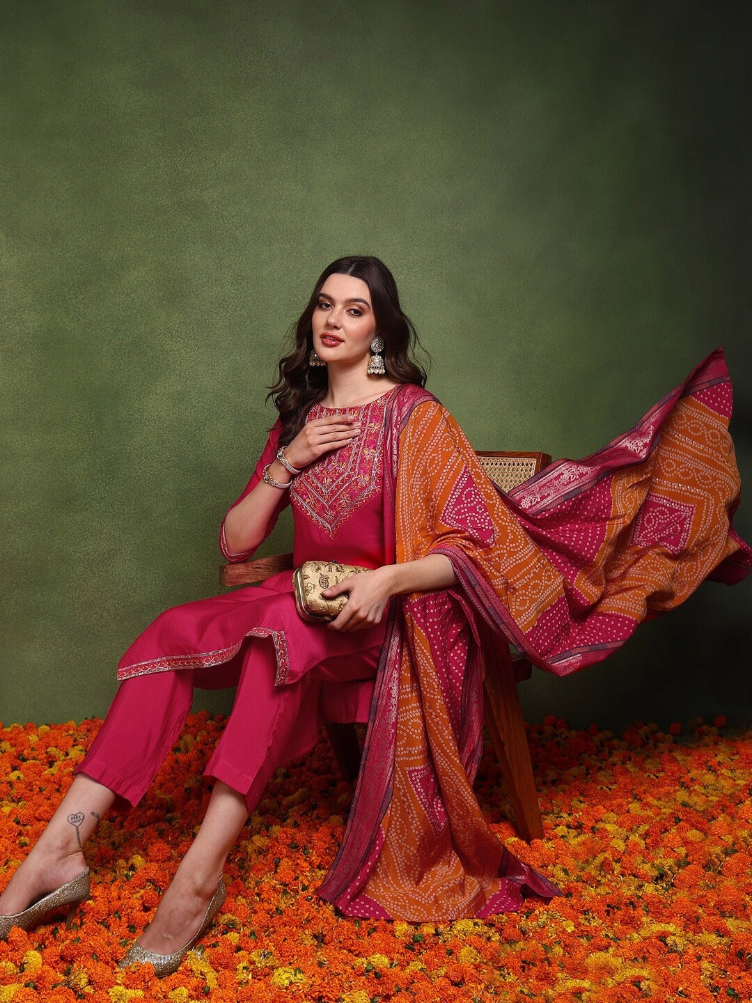 

KALINI Women Embroidered Regular Kurta with Trousers & With Dupatta, Pink
