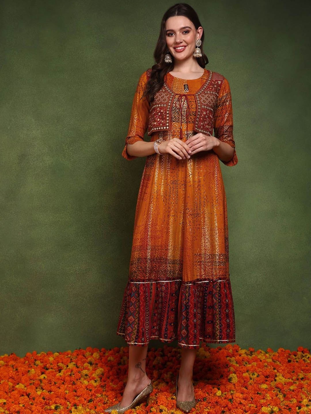 

KALINI Women Tribal Keyhole Neck Mirror Work Anarkali Kurta, Mustard