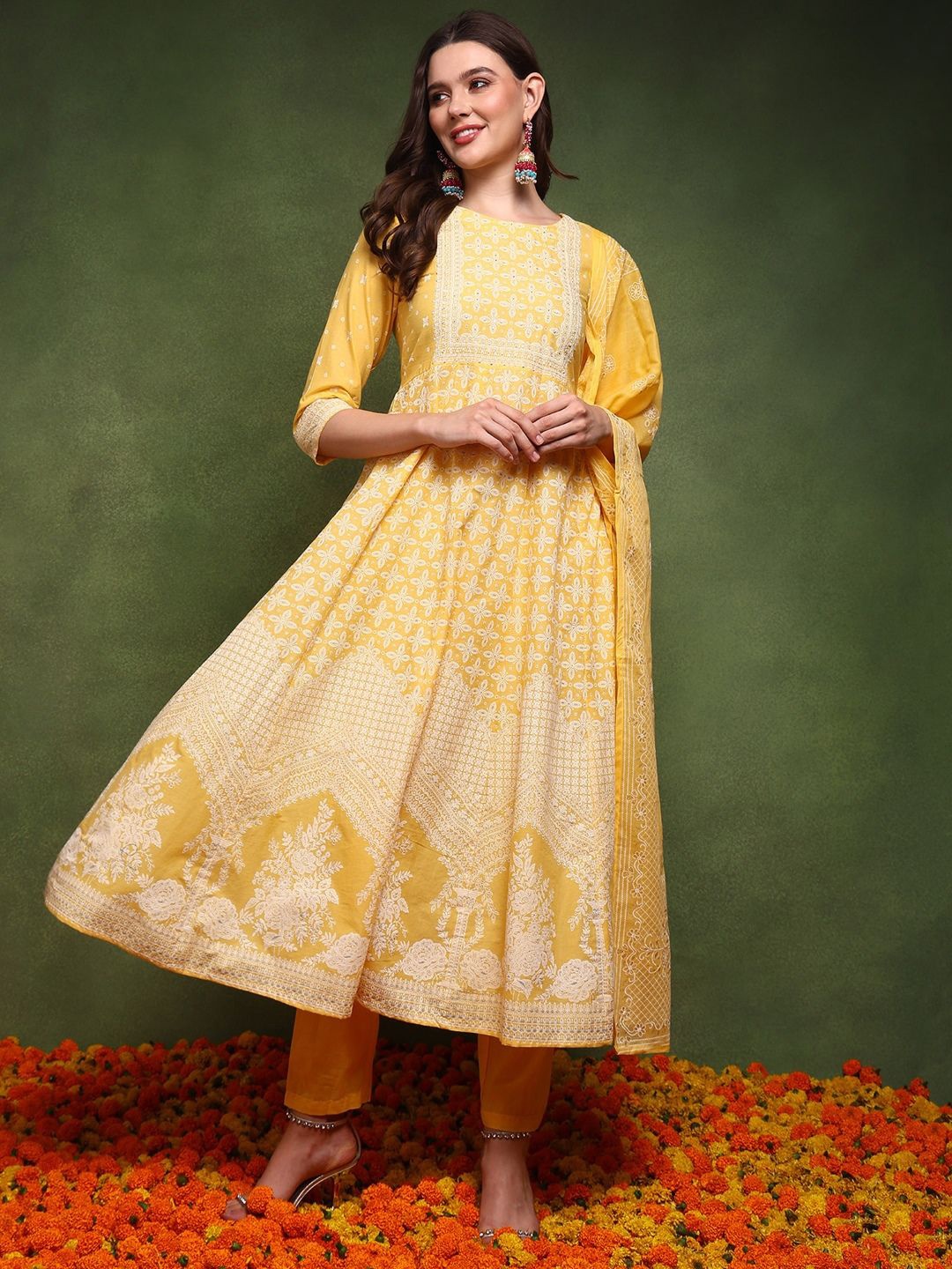 

KALINI Women Floral Embroidered Regular Thread Work Pure Cotton Kurta with Trousers & With Dupatta, Yellow