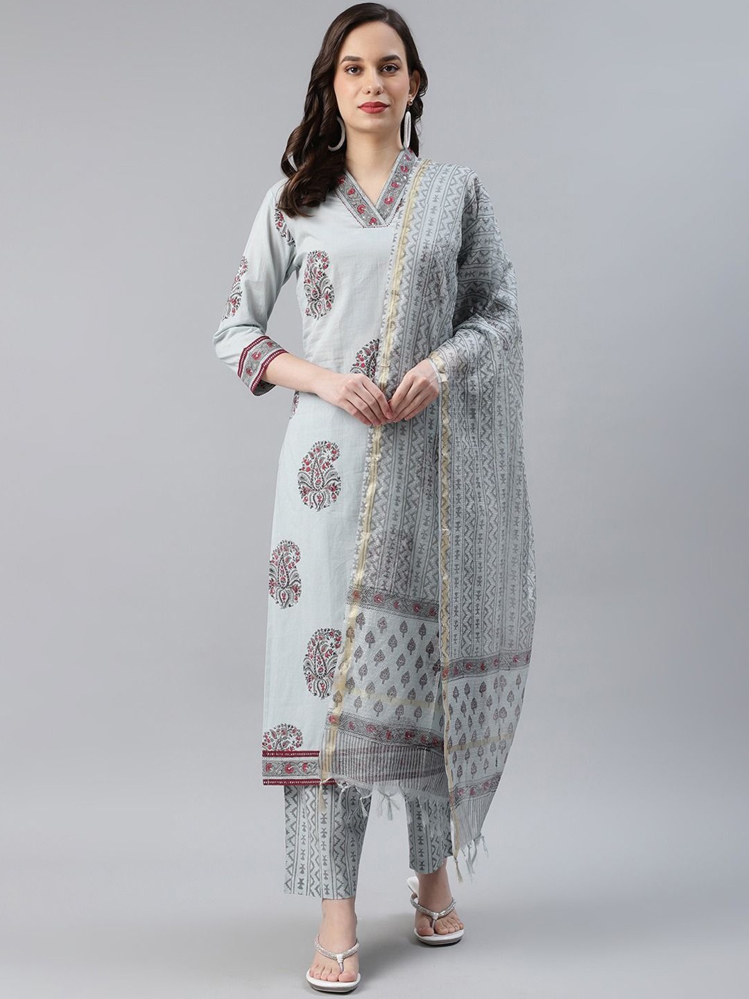 

KALINI Women Paisley Printed Regular Sequinned Pure Cotton Kurta with Trousers & With Dupatta, Grey