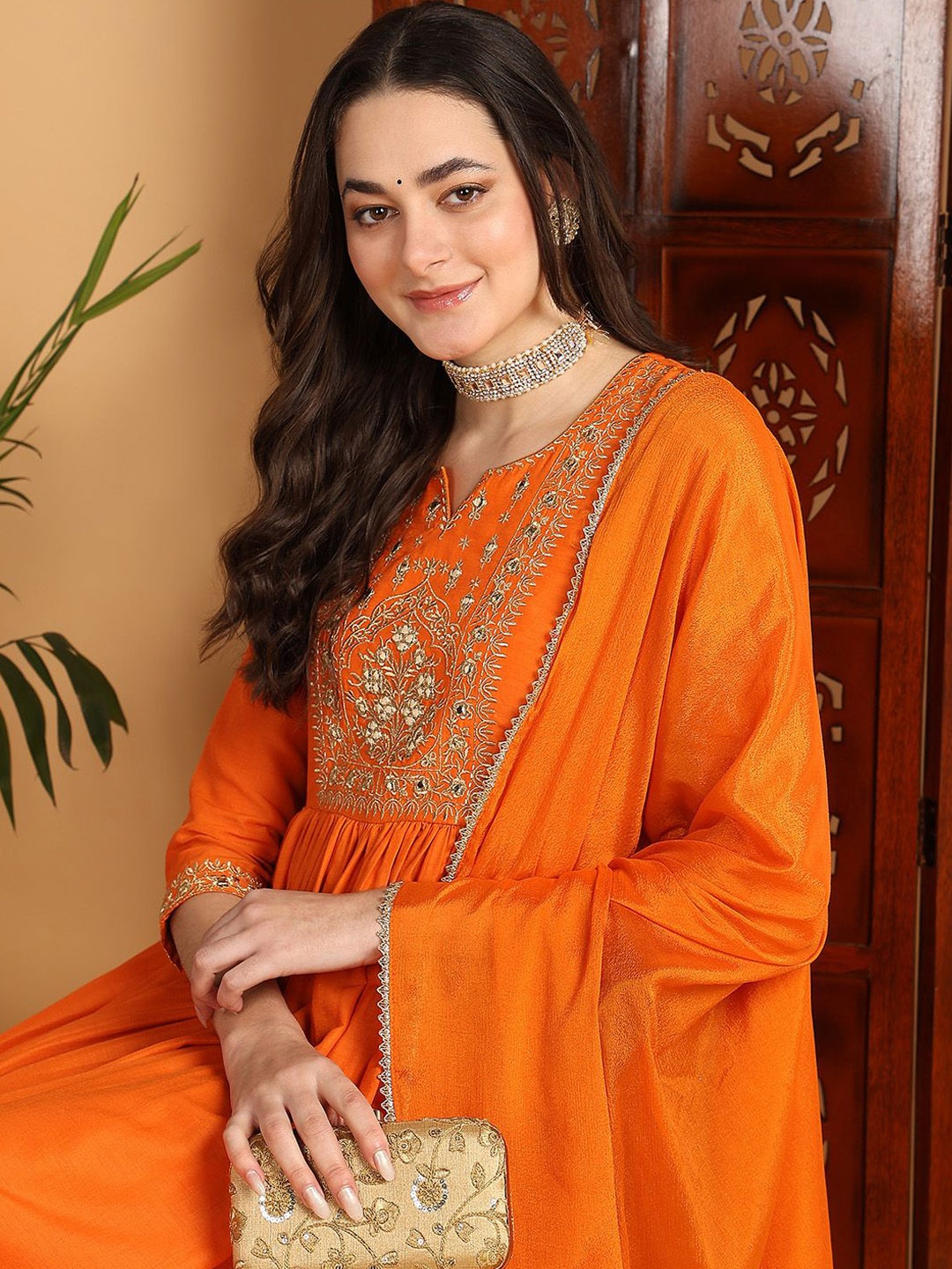 

KALINI Women Yoke Design Empire Kurta with Trousers & With Dupatta, Orange