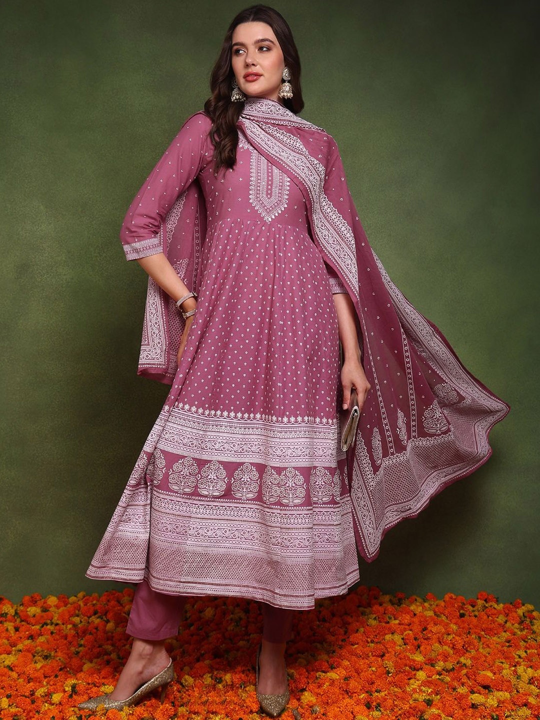 

KALINI Women Ethnic Motifs Printed Empire Beads and Stones Pure Cotton Kurta with Trousers & With Dupatta, Mauve