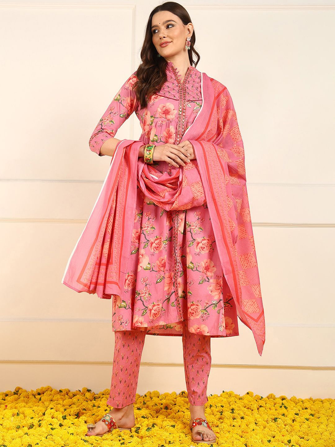 

KALINI Women Floral Embroidered Empire Mirror Work Pure Cotton Kurta with Trousers & With Dupatta, Pink