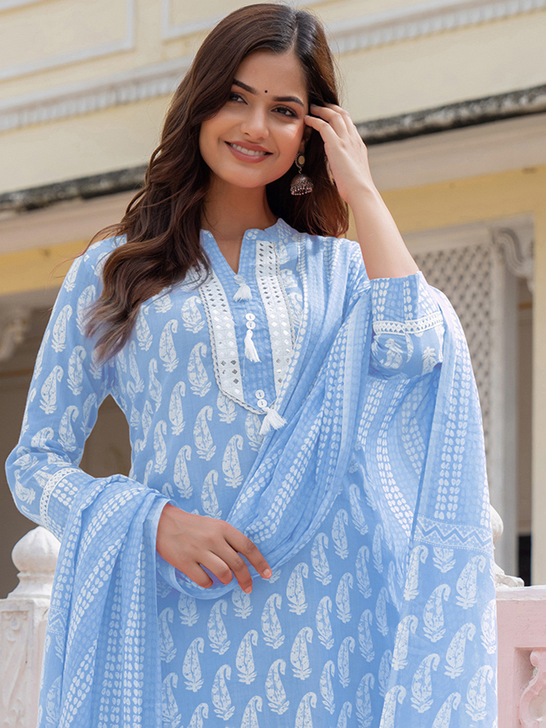 

KALINI Women Paisley Printed Regular Mirror Work Kurta with Trousers & With Dupatta, Blue