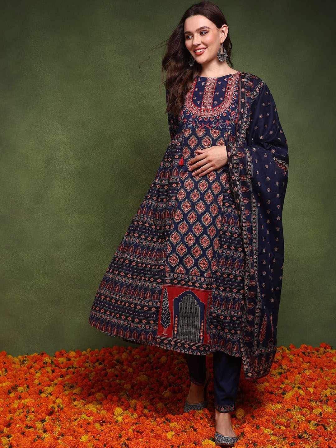 

KALINI Women Ethnic Motifs Printed Empire Sequinned Pure Cotton Kurta with Trousers & With Dupatta, Navy blue