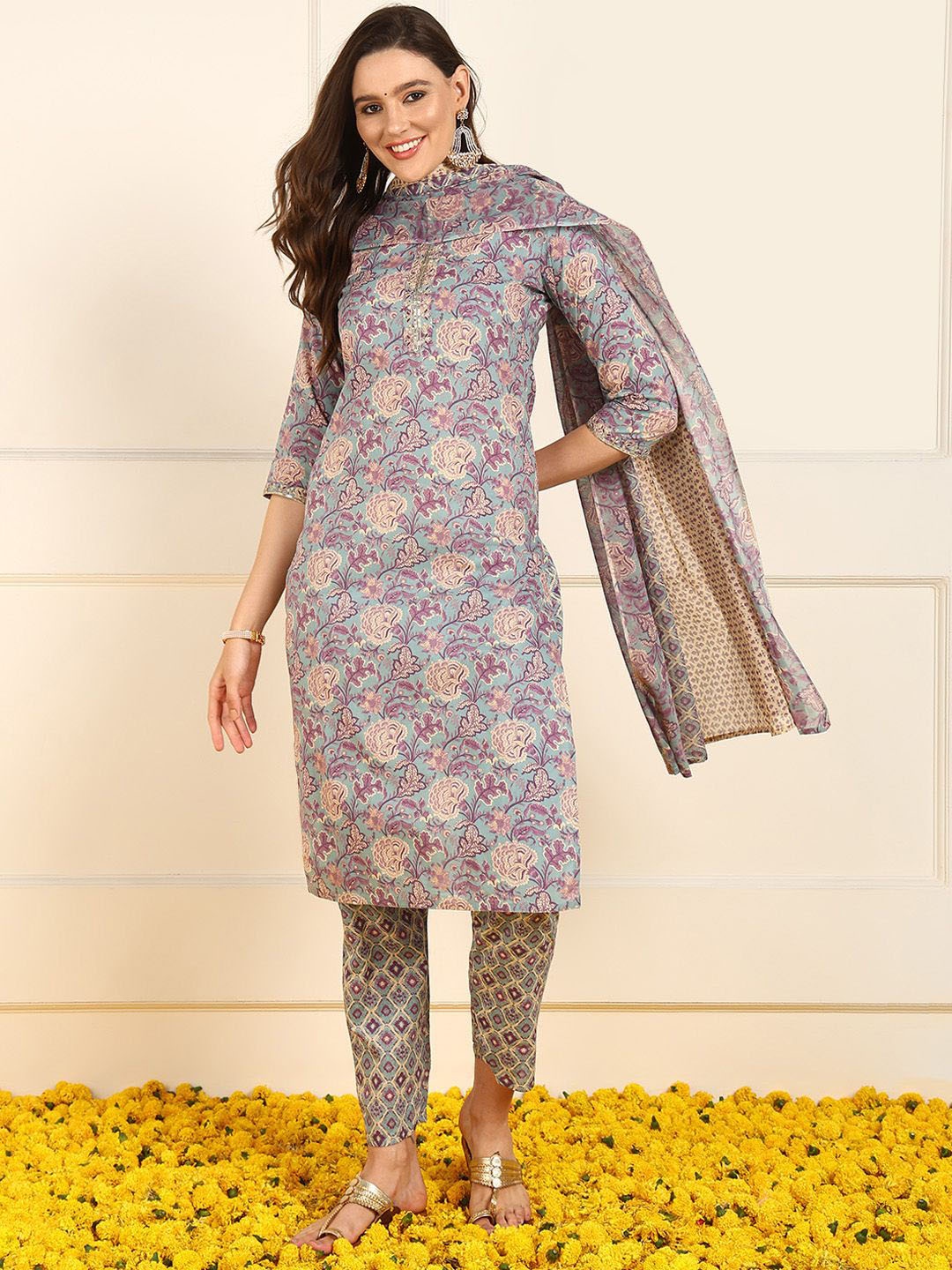 

KALINI Women Floral Printed Regular Pure Cotton Kurta with Trousers & With Dupatta, Blue