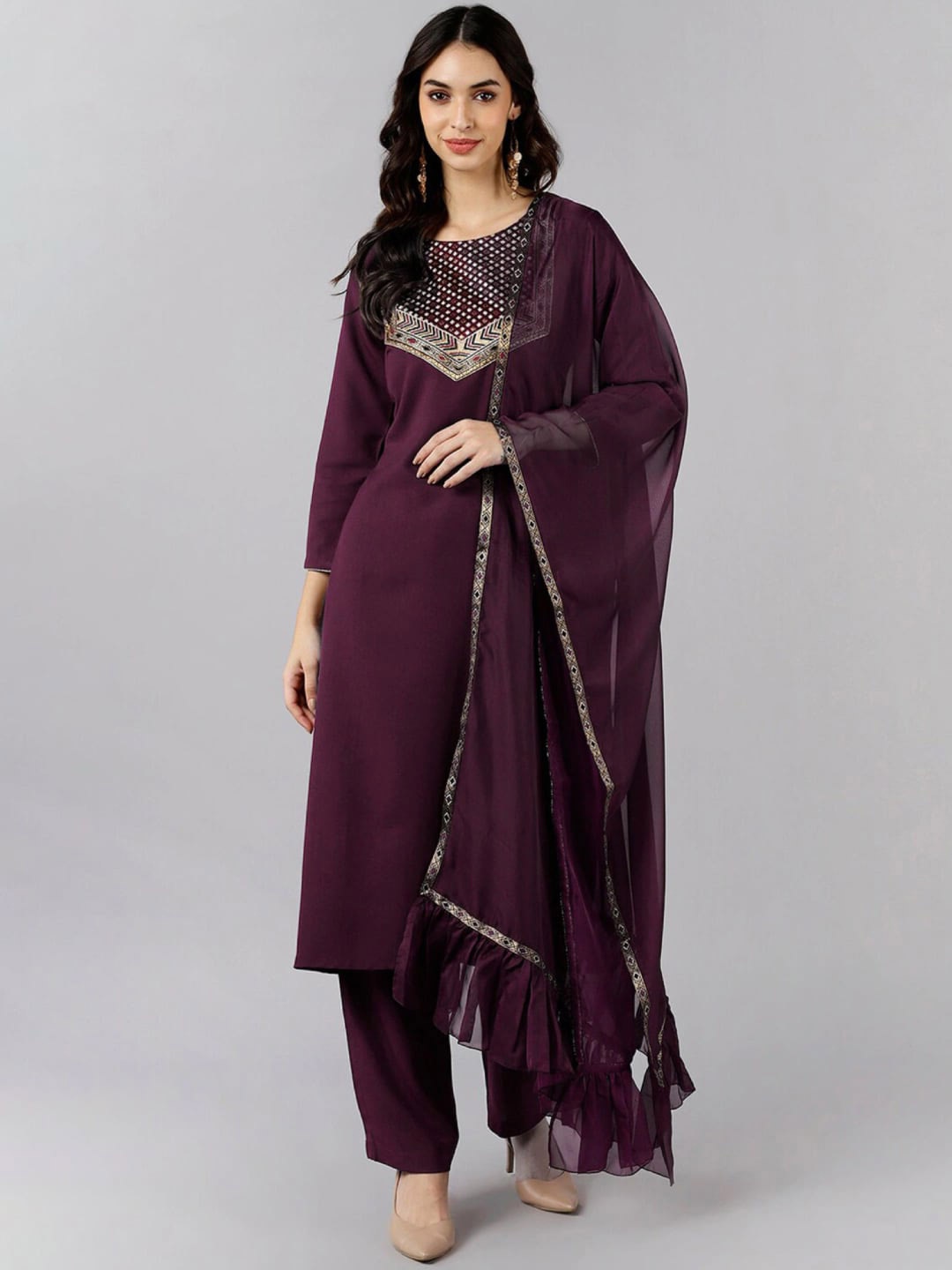 

KALINI Women Ethnic Motifs Embroidered Regular Thread Work Kurta with Trousers & With Dupatta, Burgundy