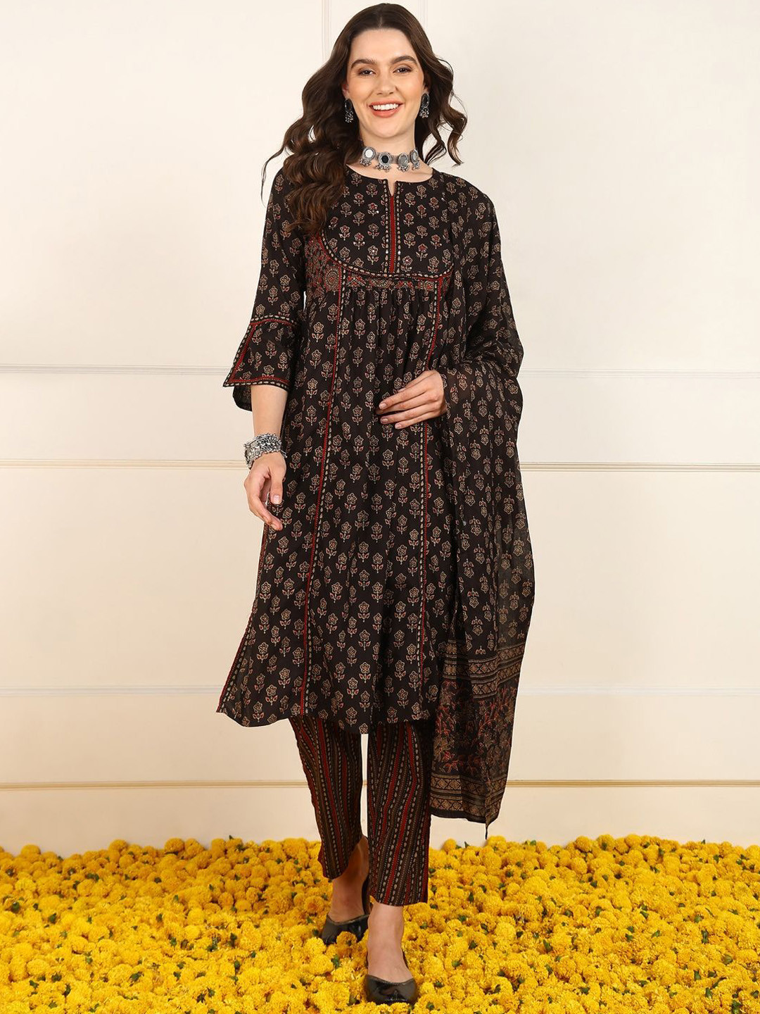 

KALINI Women Floral Printed Panelled Sequinned Pure Cotton Kurta with Trousers & With Dupatta, Brown