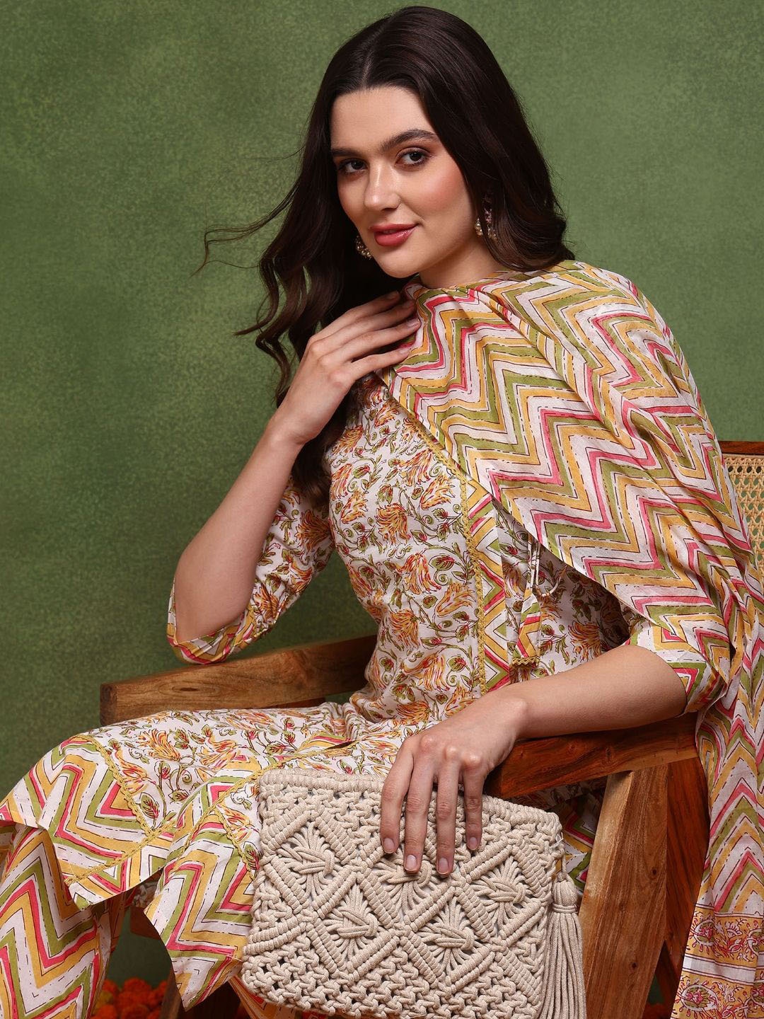 

KALINI Women Floral Printed Regular Sequinned Pure Cotton Kurta with Trousers & With Dupatta, White