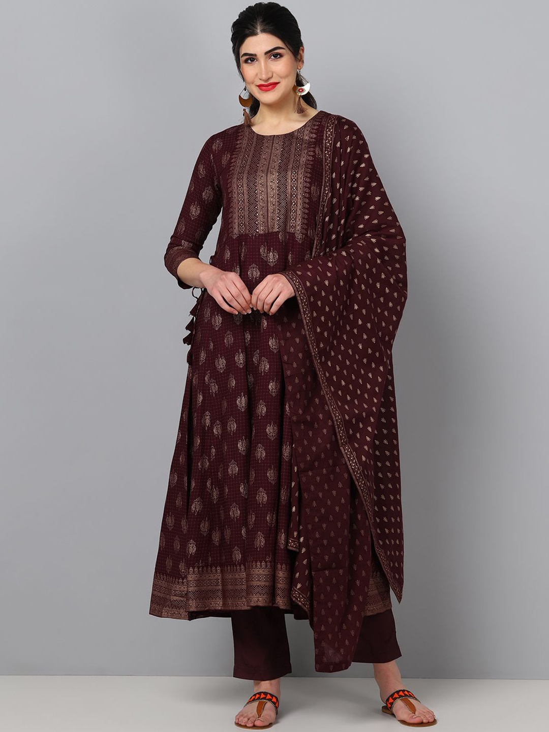 

KALINI Women Ethnic Motifs Printed Empire Pure Cotton Kurta with Trousers & With Dupatta, Maroon