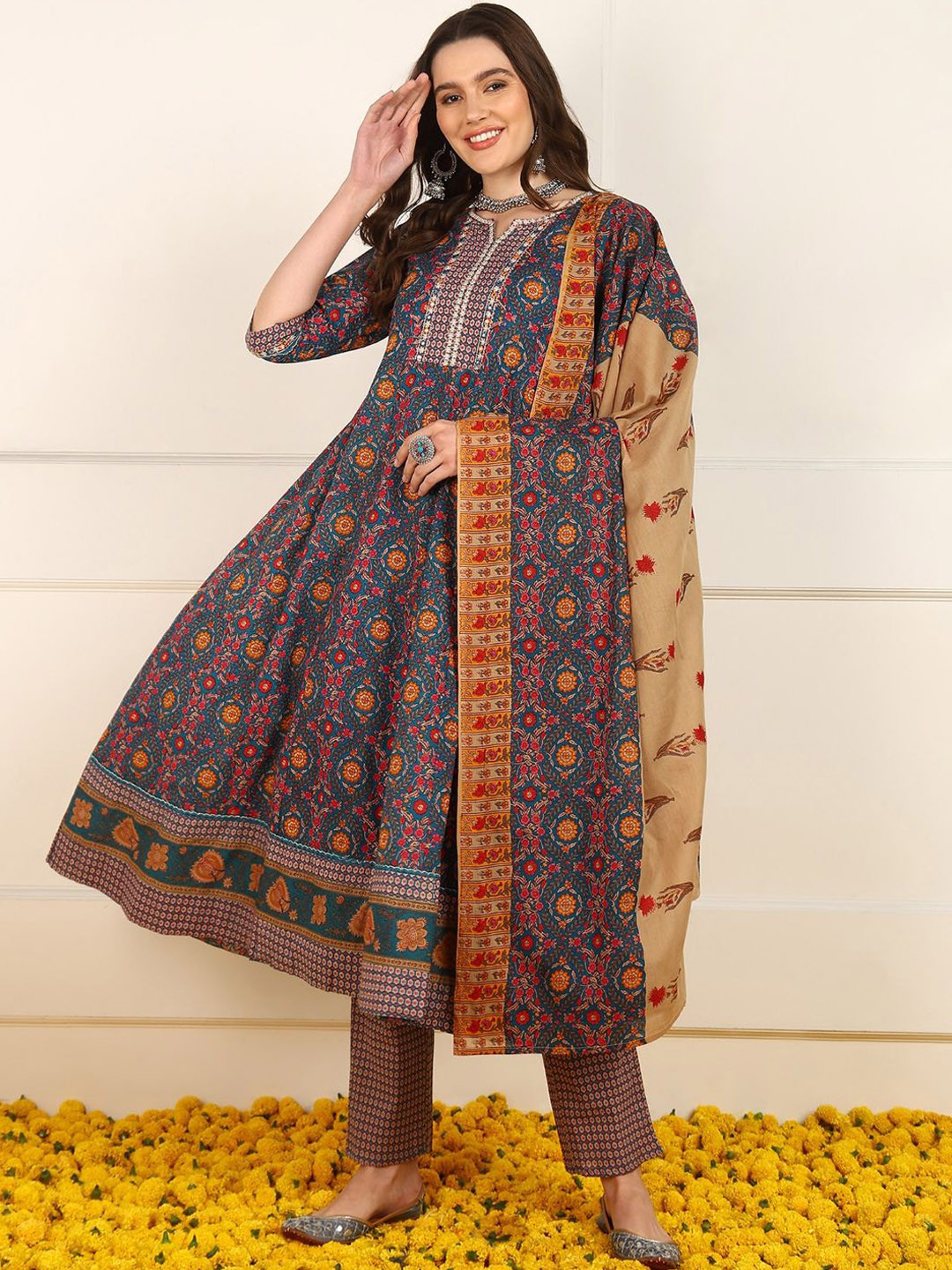 

KALINI Women Floral Embroidered Empire Thread Work Pure Cotton Kurta with Trousers & With Dupatta, Blue