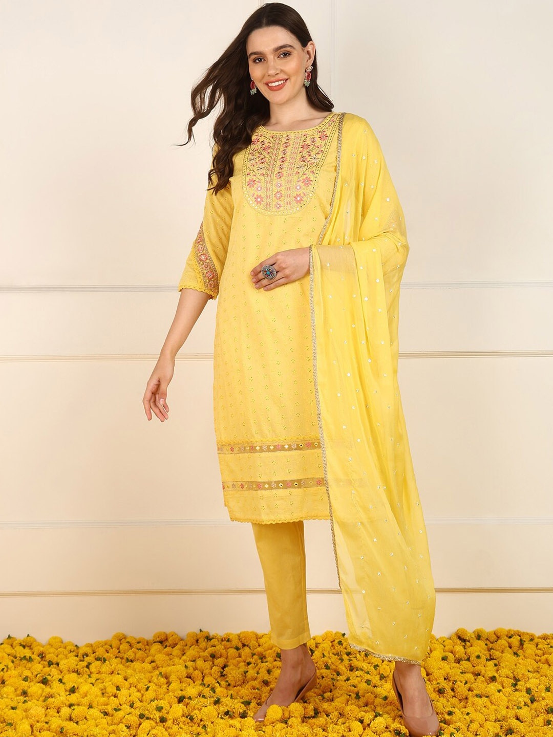 

KALINI Women Embroidered Regular Thread Work Pure Cotton Kurta with Trousers & With Dupatta, Yellow