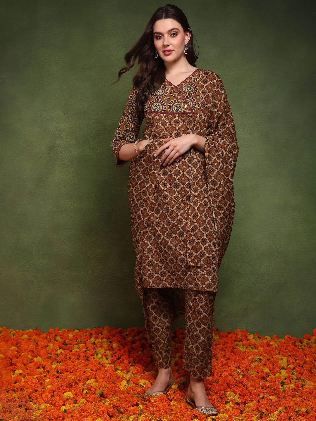 

KALINI Women Ethnic Motifs Printed Regular Mirror Work Pure Cotton Kurta with Trousers & With Dupatta, Mustard