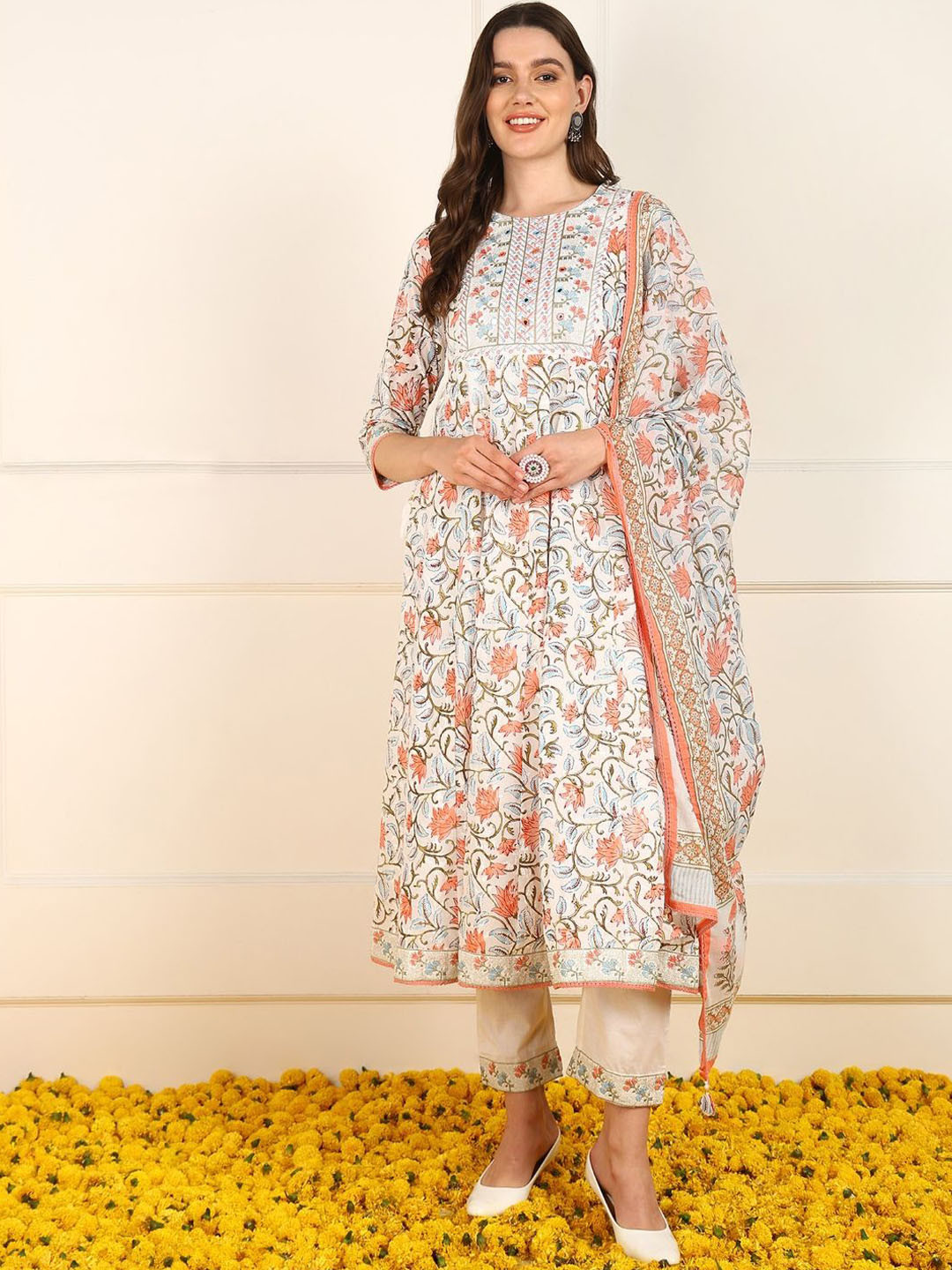 

KALINI Women Floral Printed Empire Thread Work Pure Cotton Kurta with Trousers & With Dupatta, White