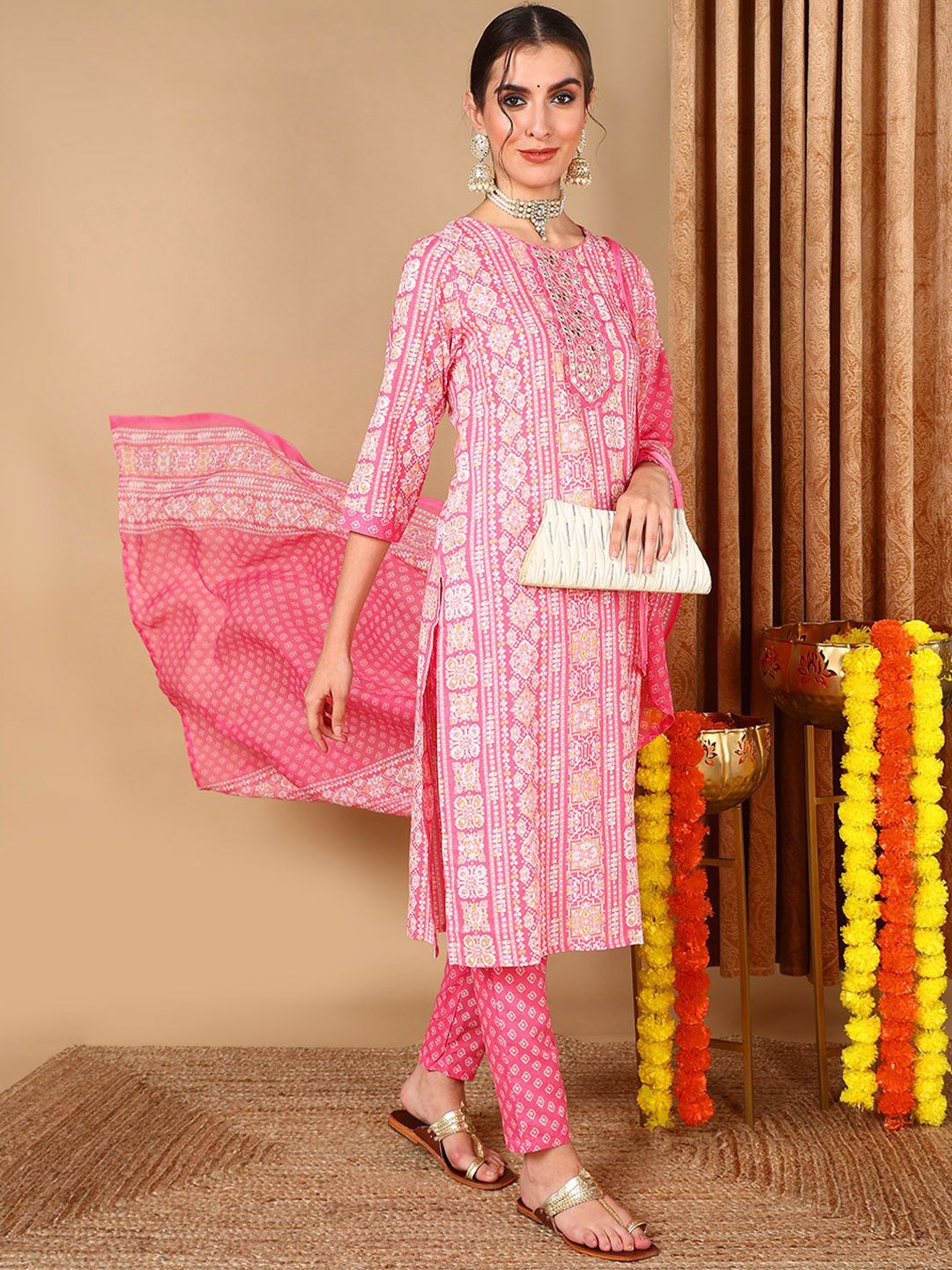 

KALINI Women Ethnic Motifs Embroidered Regular Mirror Work Kurta with Trousers & With Dupatta, Pink