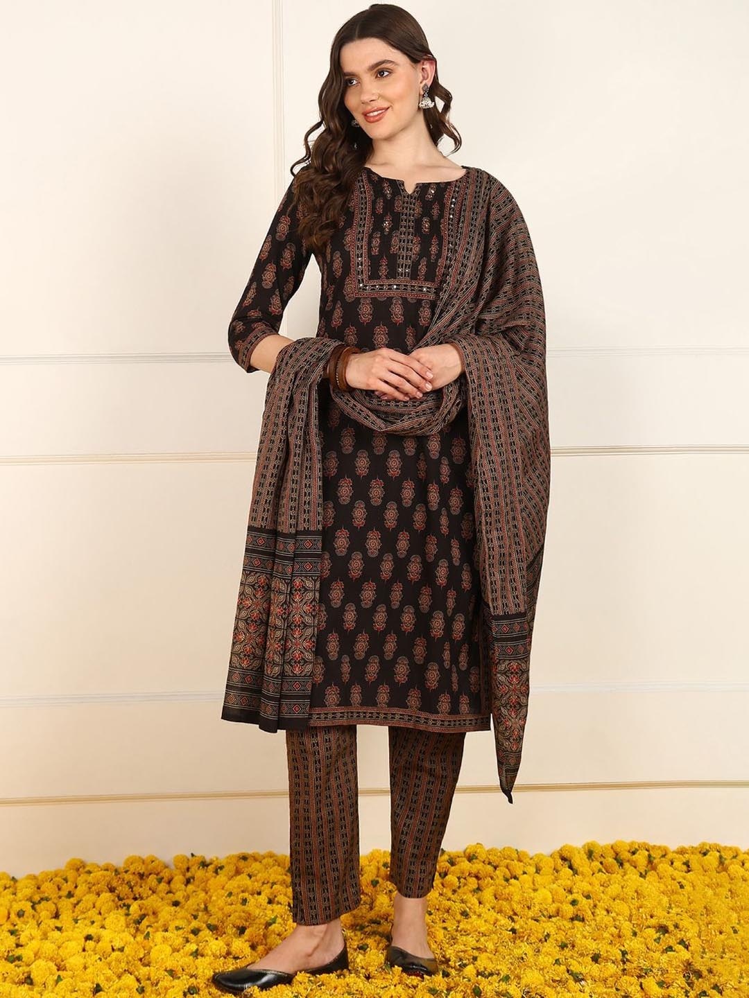 

KALINI Women Floral Printed Regular Sequinned Pure Cotton Kurta with Trousers & With Dupatta, Brown