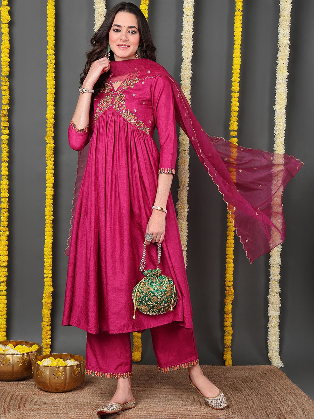 

KALINI Women Embroidered Empire Thread Work Kurta with Trousers & With Dupatta, Pink