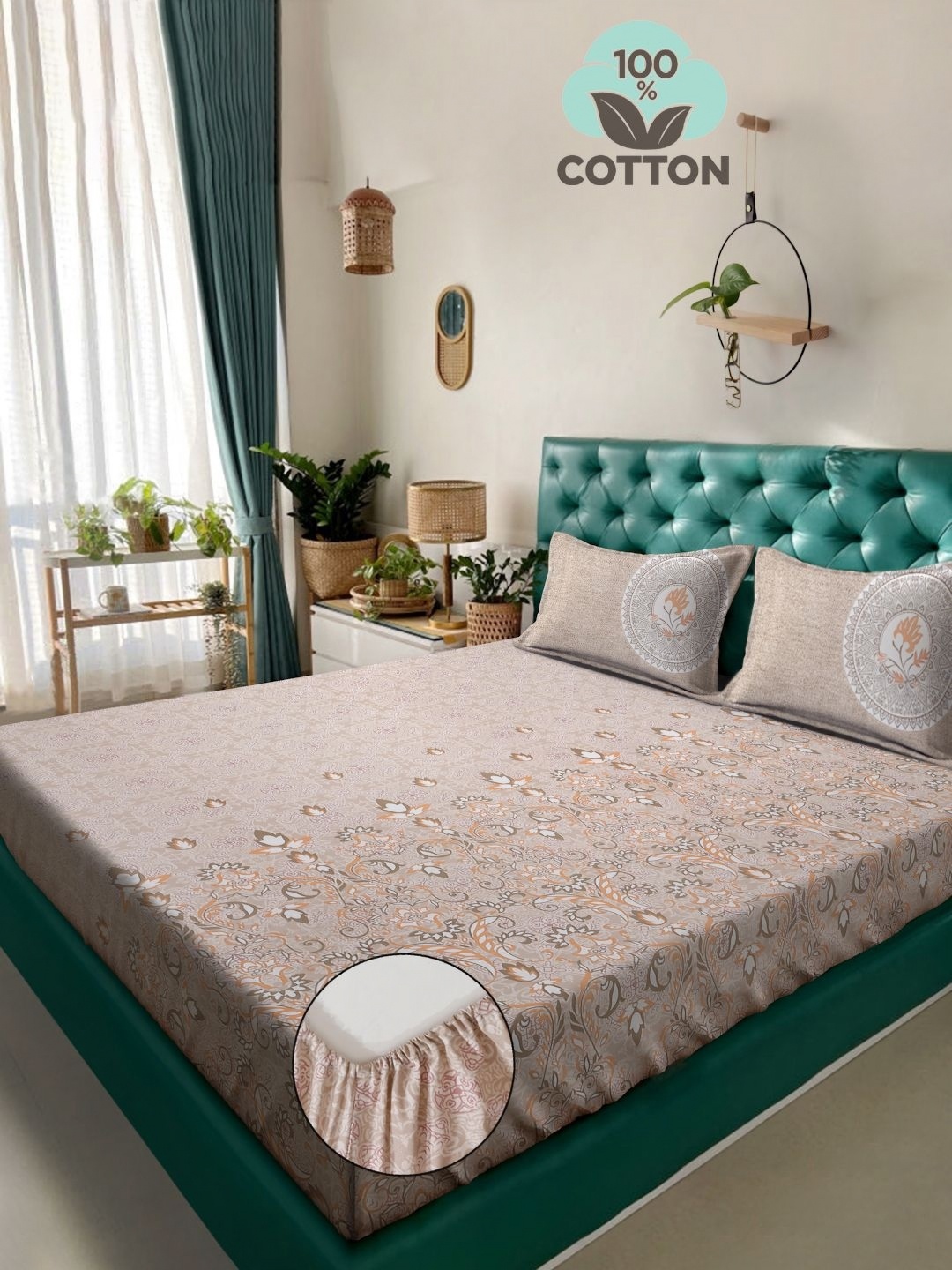 

KLOTTHE Beige Printed 400 TC Pure Cotton Super King Fitted Bedsheet With 2 Pillow Covers