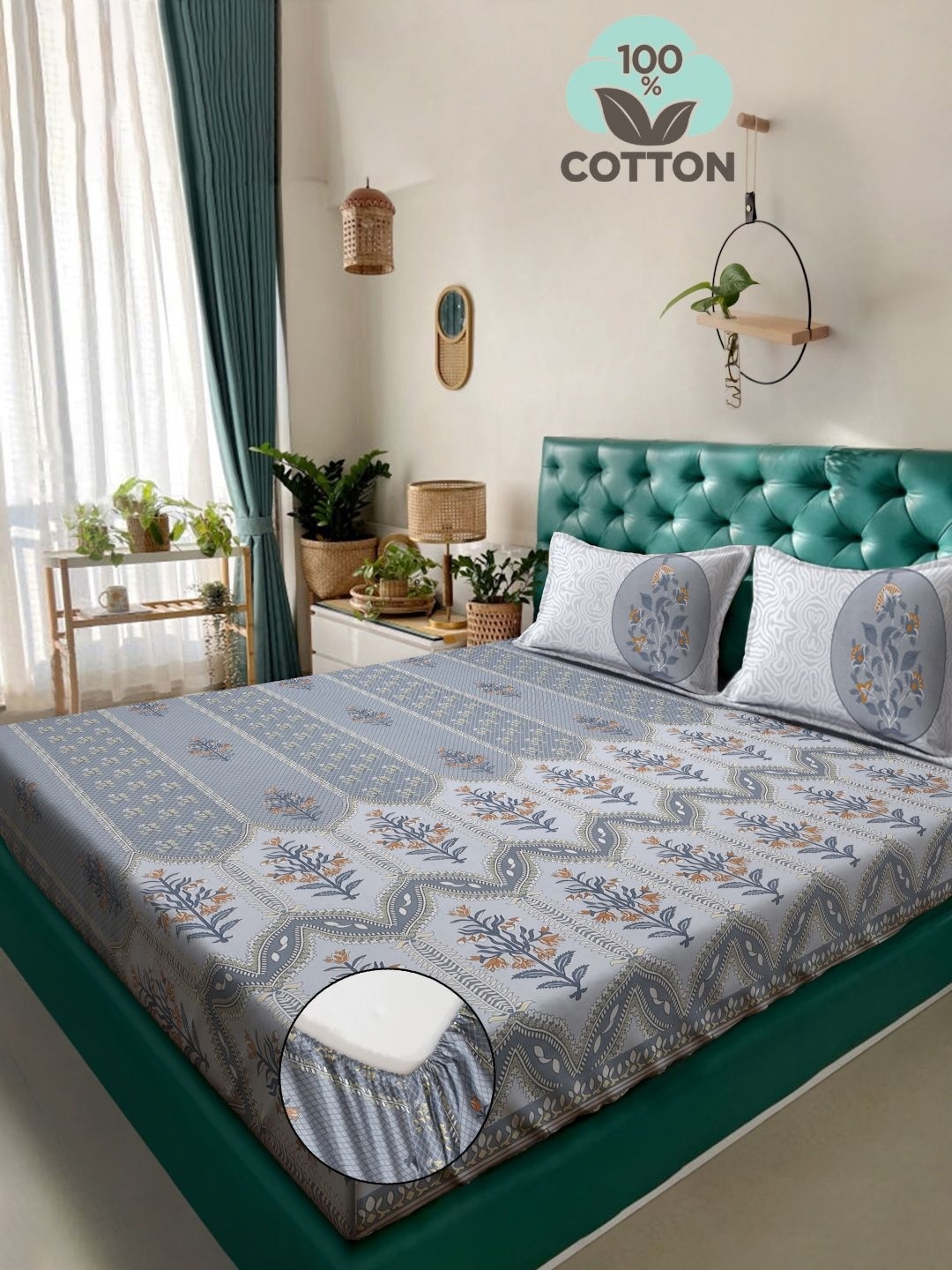 

KLOTTHE Grey Printed 400 TC Pure Cotton Super King Fitted Bedsheet & 2 Pillow Covers