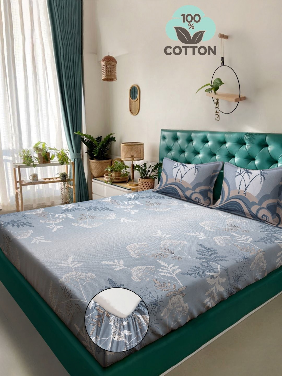 

KLOTTHE Grey Printed 400 TC Pure Cotton Super King Fitted Bedsheet & 2 Pillow Covers