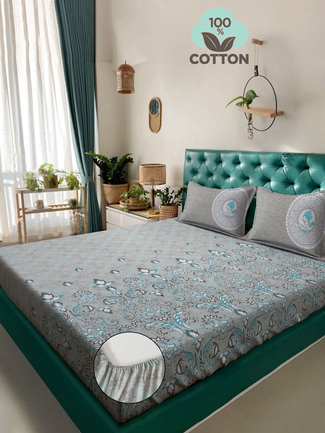 

KLOTTHE Grey Printed 400 TC Pure Cotton Super King Fitted Bedsheet & 2 Pillow Covers