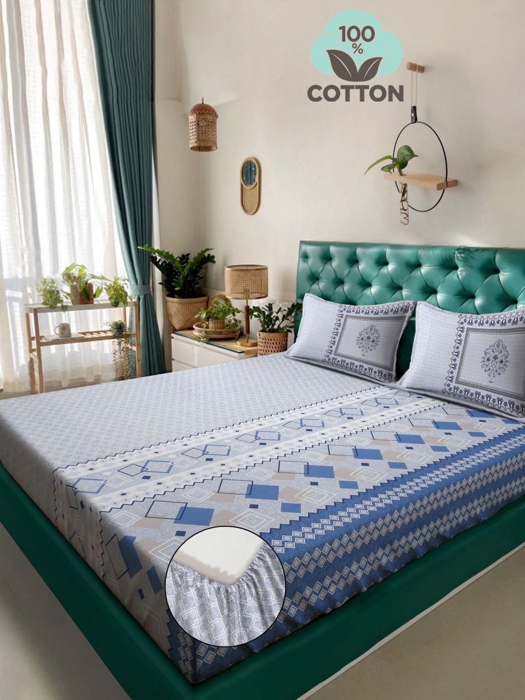 

KLOTTHE Blue Printed 400 TC Pure Cotton Super King Fitted Bedsheet & 2 Pillow Covers