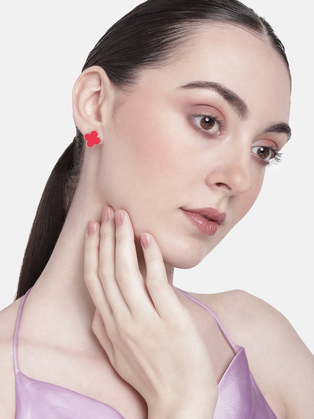 

Estele Rose Gold-Pated Floral Studs, Red