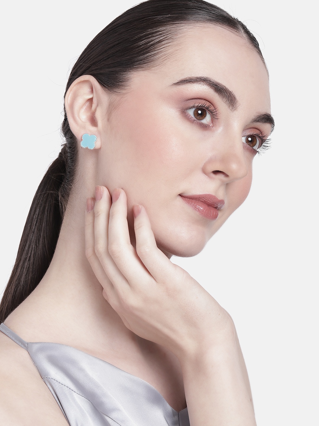 

Estele Rhodium-Pated Floral Studs, Blue
