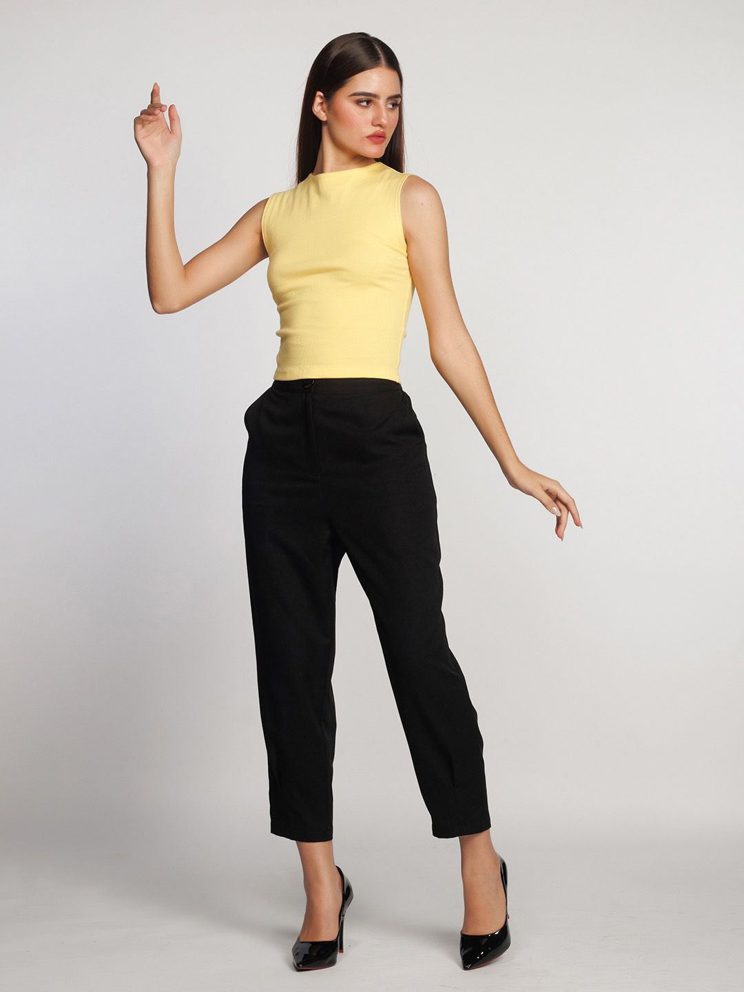 

Zink London Solid Self Design Sleeveless Fitted Cotton Top, Yellow
