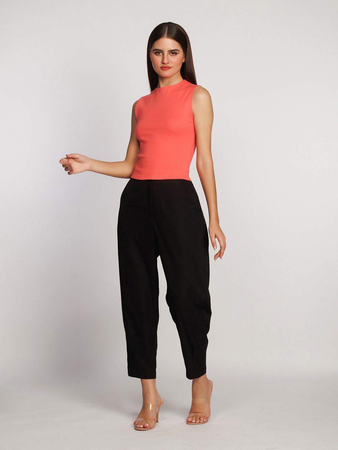 

Zink London High Neck Sleeveless Solid Cotton Top, Pink