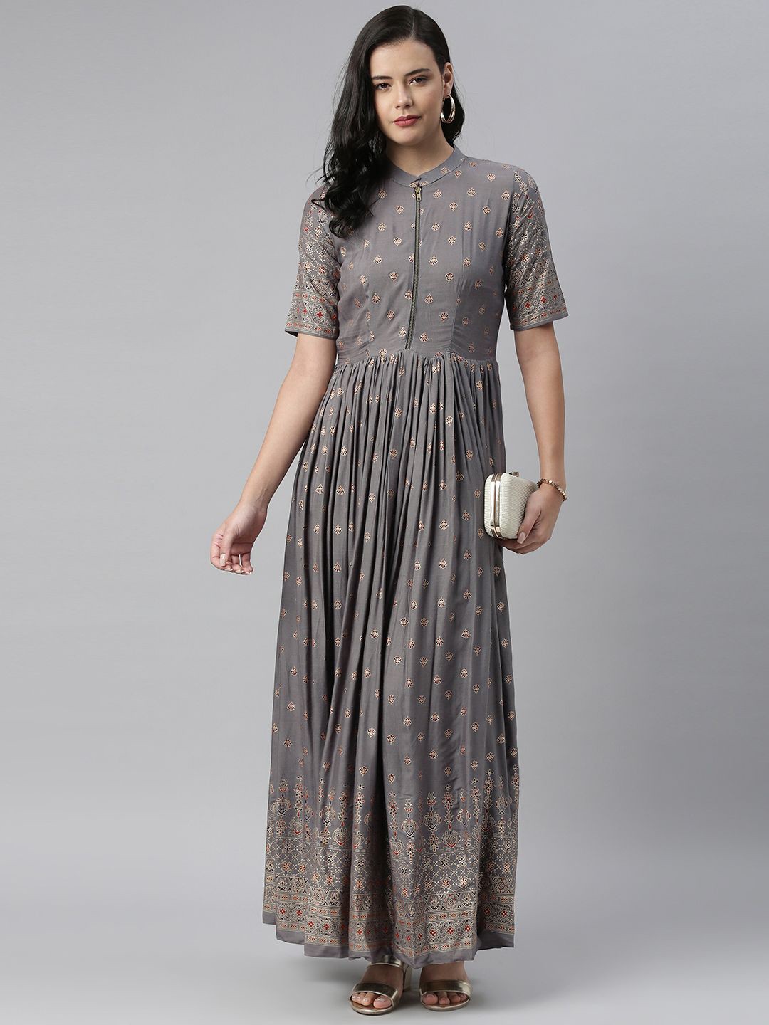 

Swishchick Ethnic Motifs Print Maxi Dress, Grey