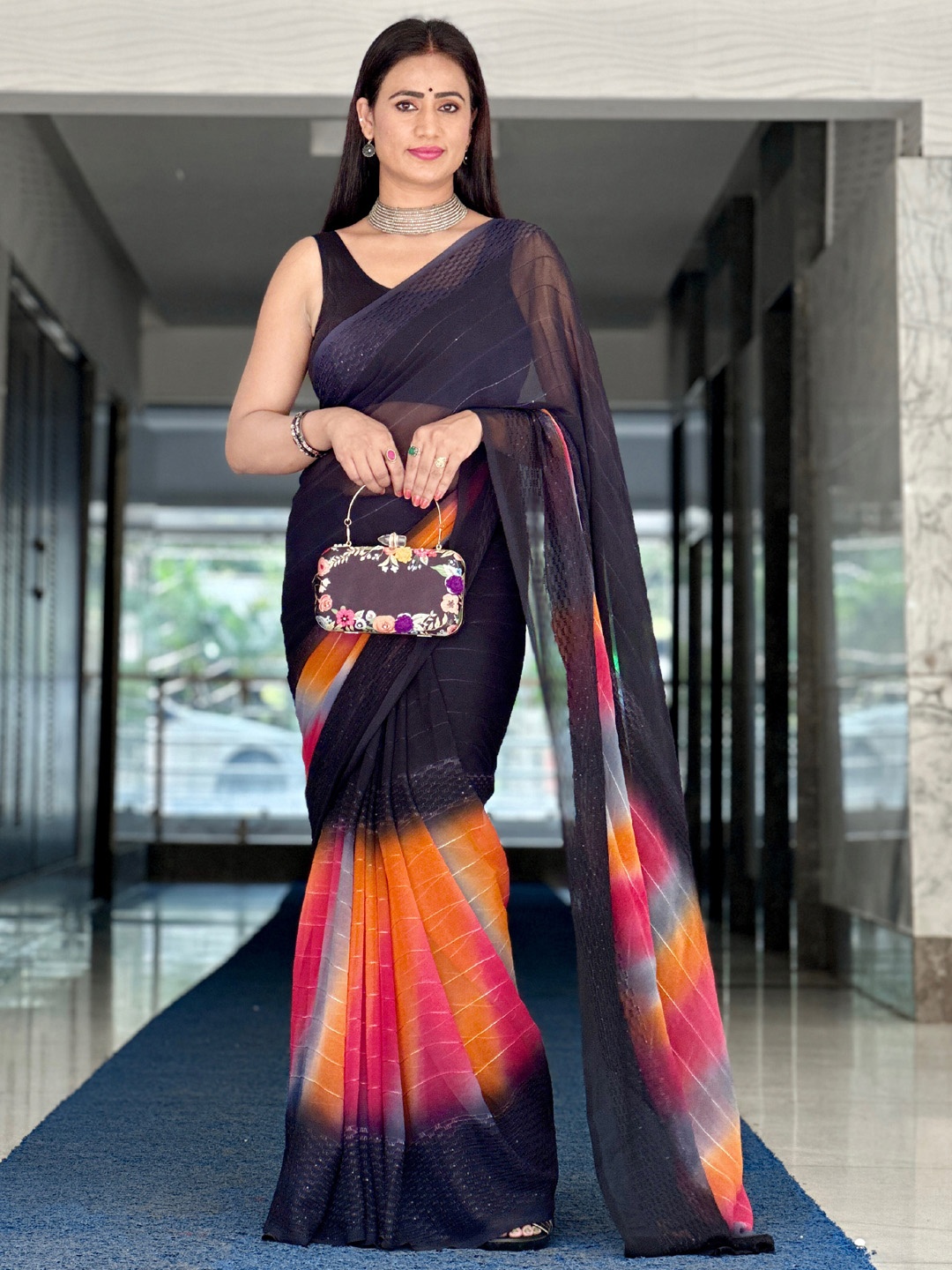 

Mitera Striped Embellished Saree, Black