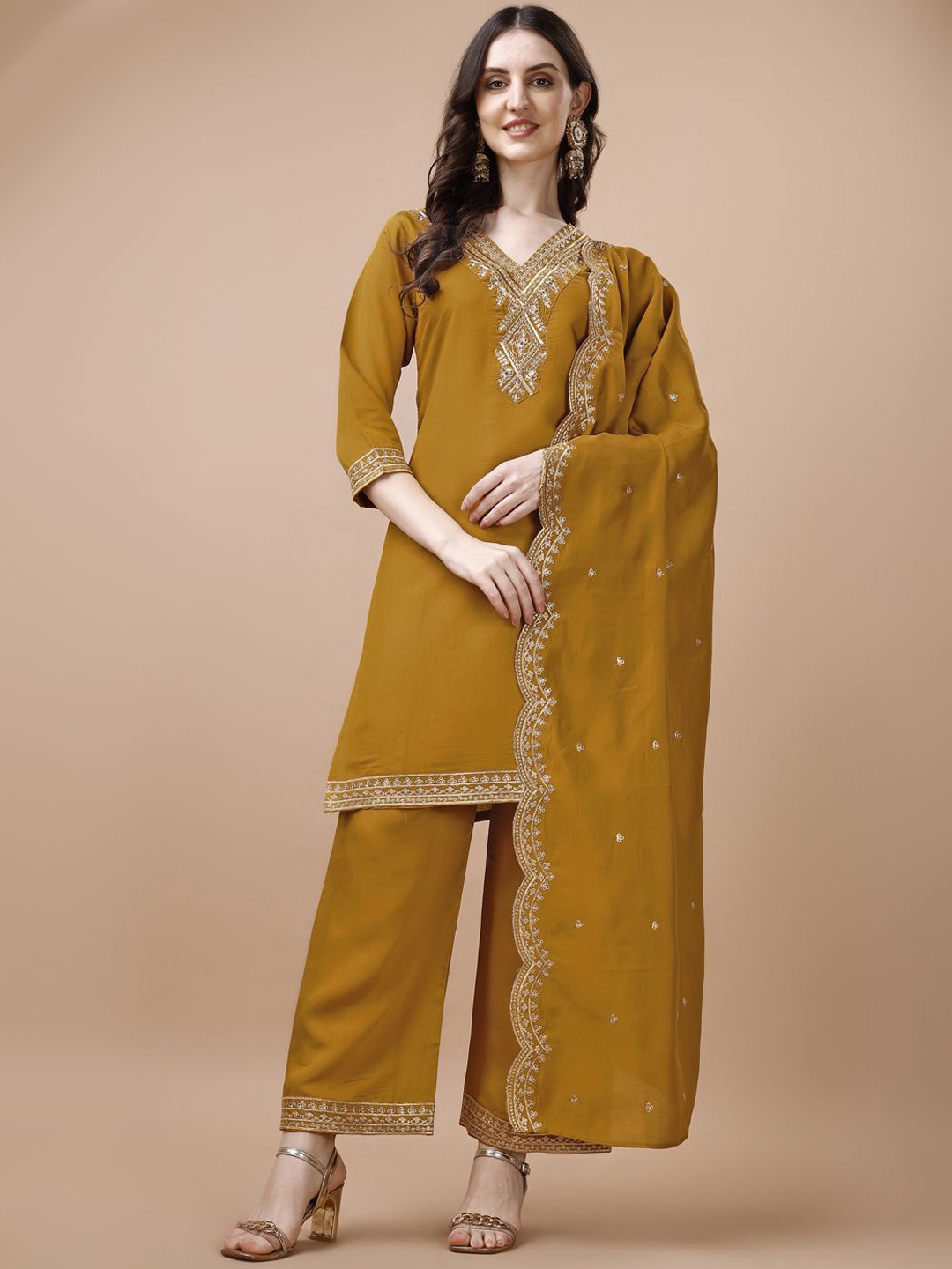

KALINI Women Ethnic Motifs Embroidered Regular Thread Work Kurta with Palazzos & With Dupatta, Yellow