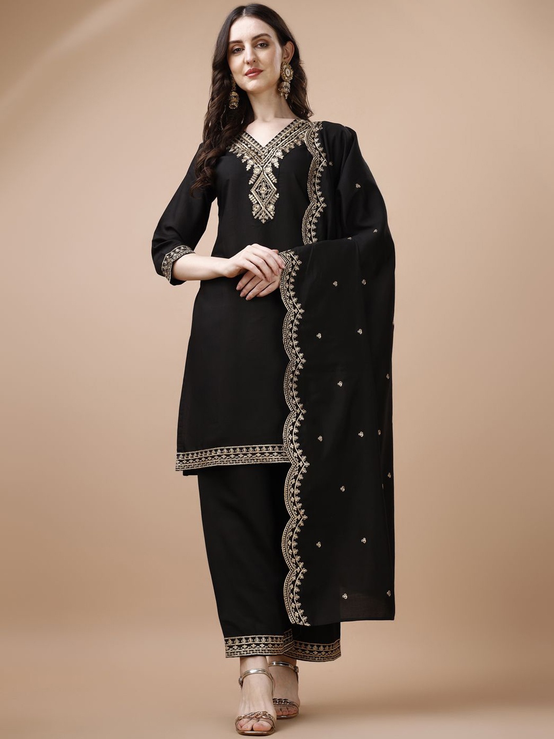 

KALINI Women Ethnic Motifs Embroidered Regular Sequinned Kurta with Palazzos & With Dupatta, Black