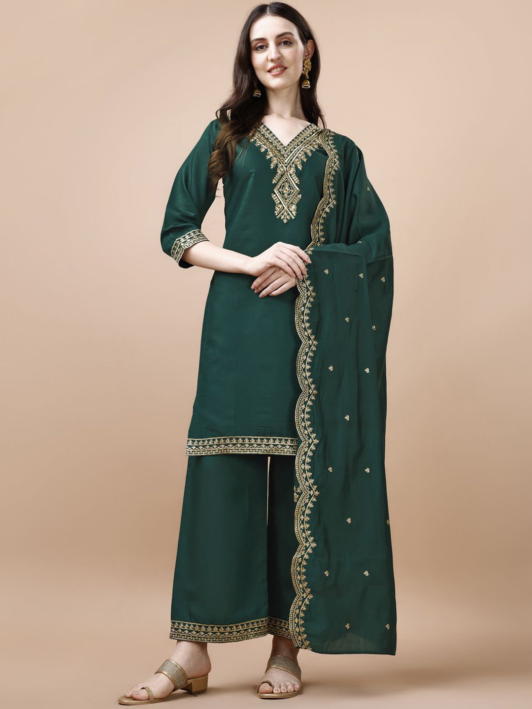 

KALINI Women Ethnic Motifs Embroidered Regular Thread Work Kurta with Palazzos & With Dupatta, Green