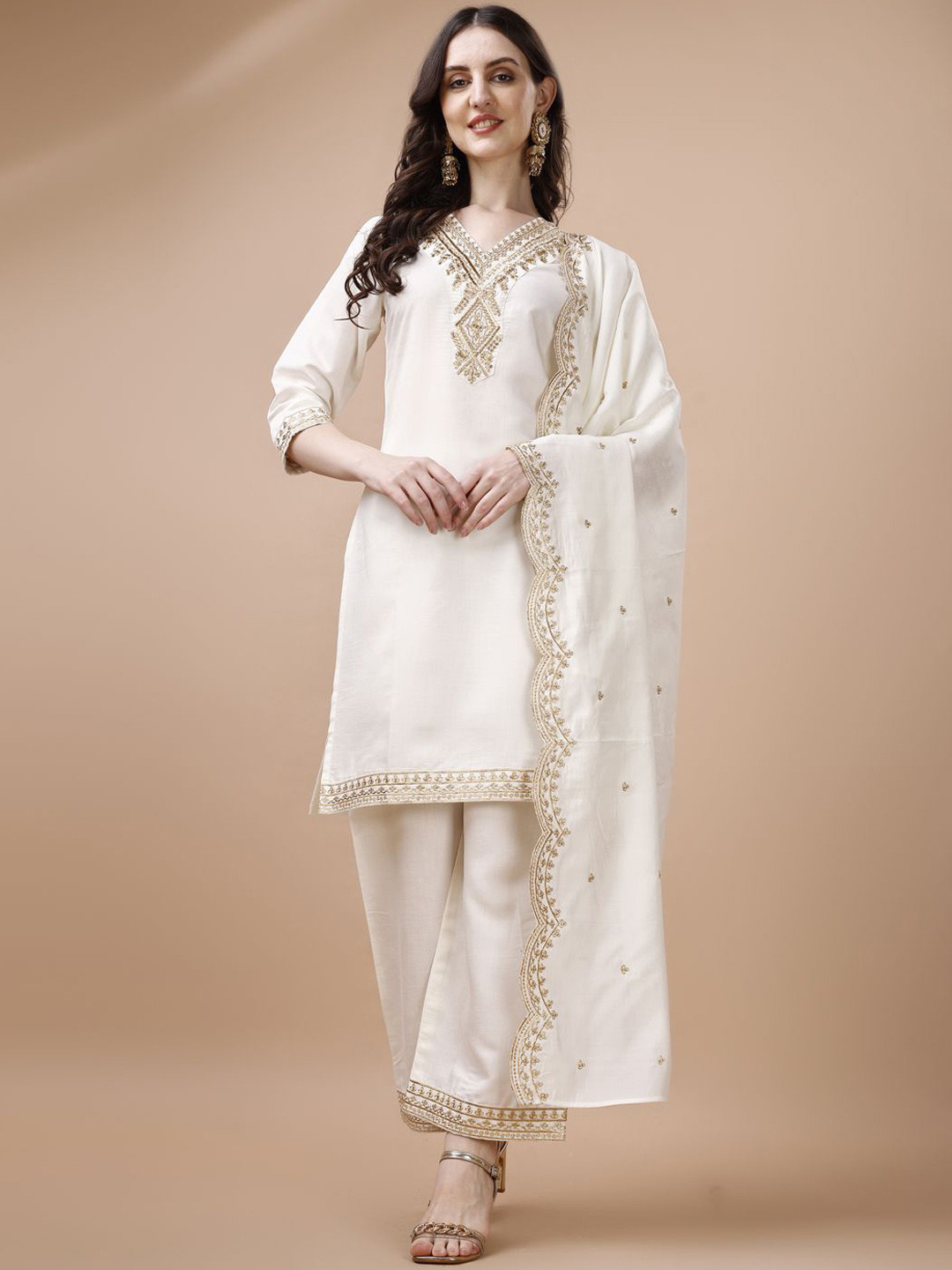 

KALINI Women Ethnic Motifs Embroidered Regular Thread Work Kurta with Palazzos & With Dupatta, White